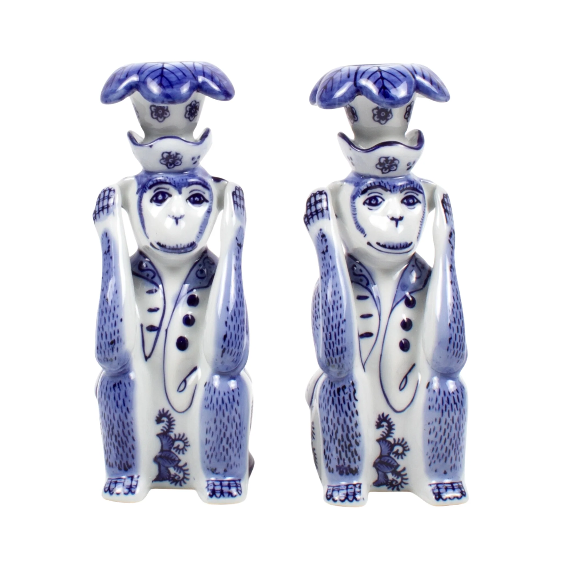 Blue Chinoiserie Monkey Candlestick Set