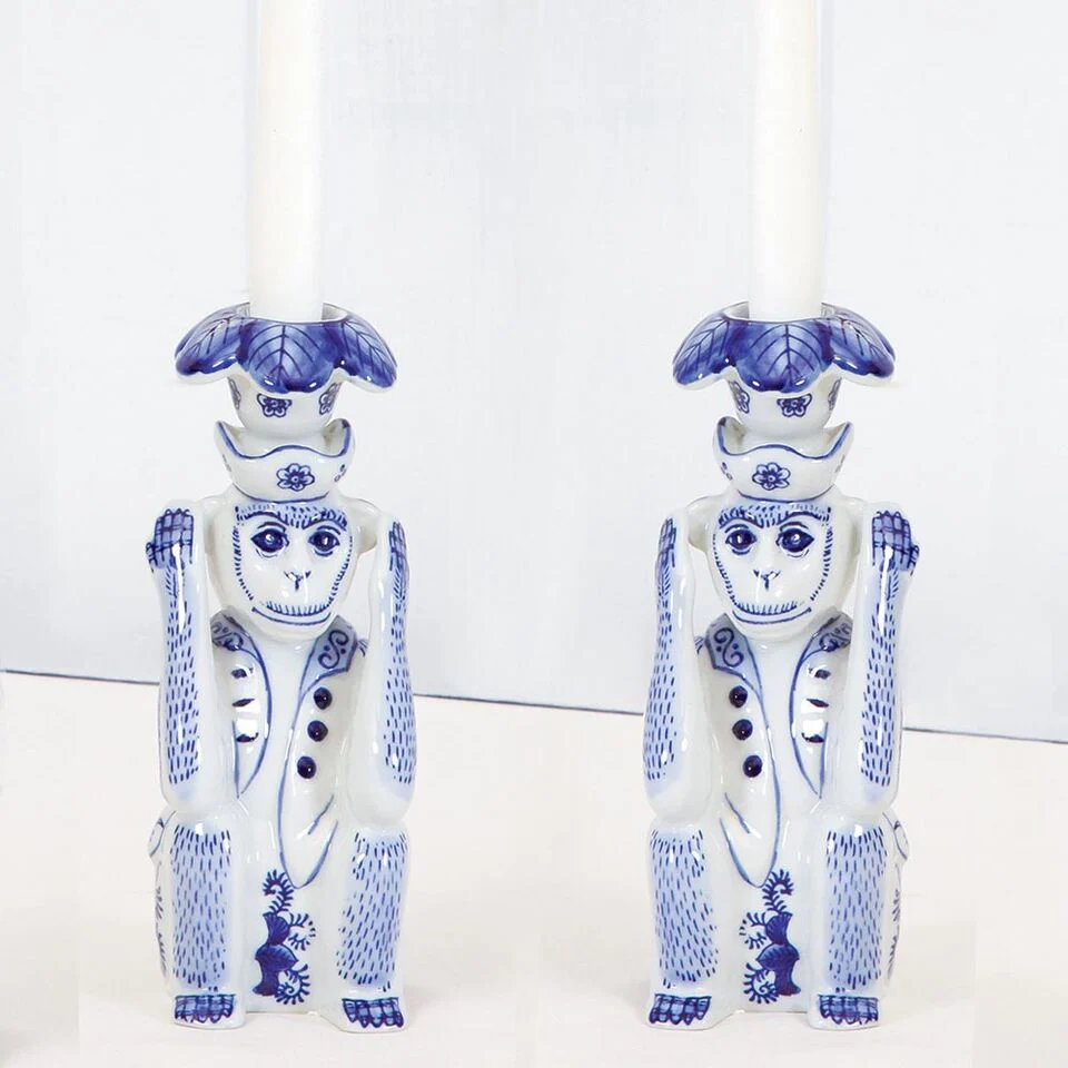 Blue Chinoiserie Monkey Candlestick Set - Image 3