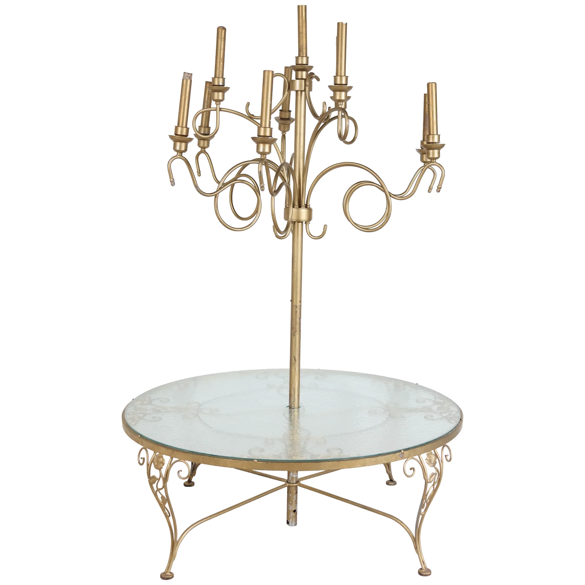 Brass Coffee Table with Glass Top and Candelabra Centerpiece