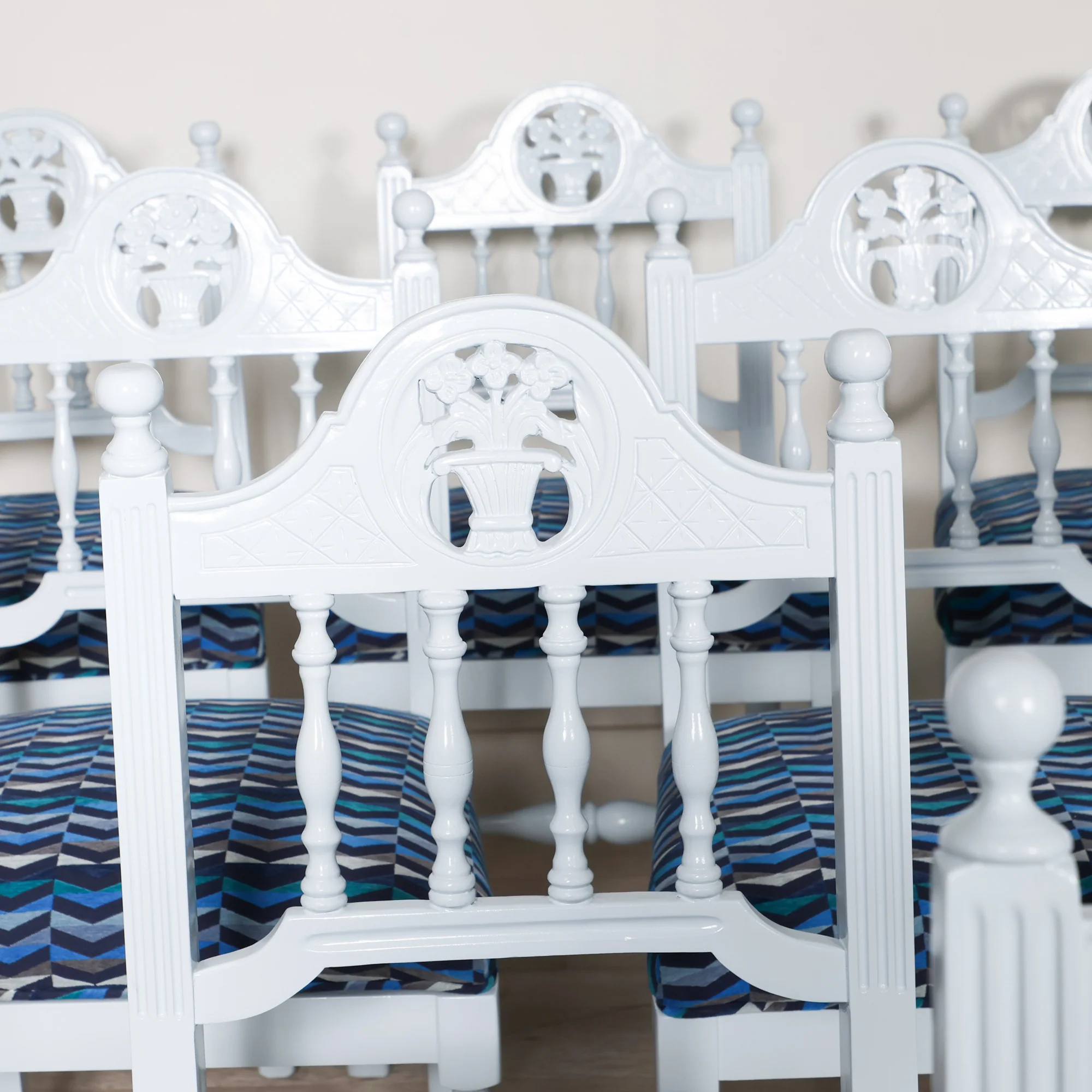 Set of 10 of Floral Carved Dining Chairs in Gulfstream Blue - Image 3