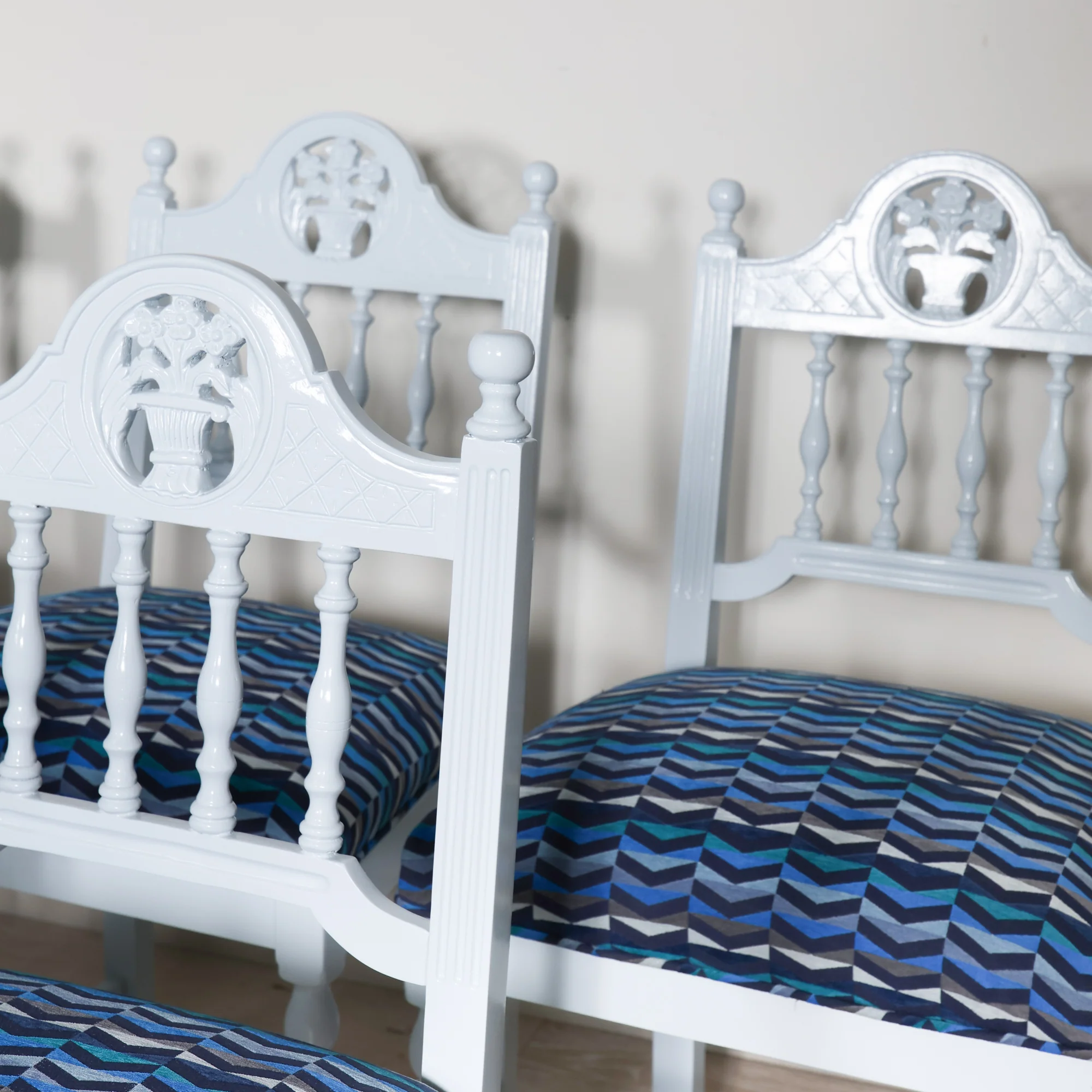 Set of 10 of Floral Carved Dining Chairs in Gulfstream Blue - Image 5