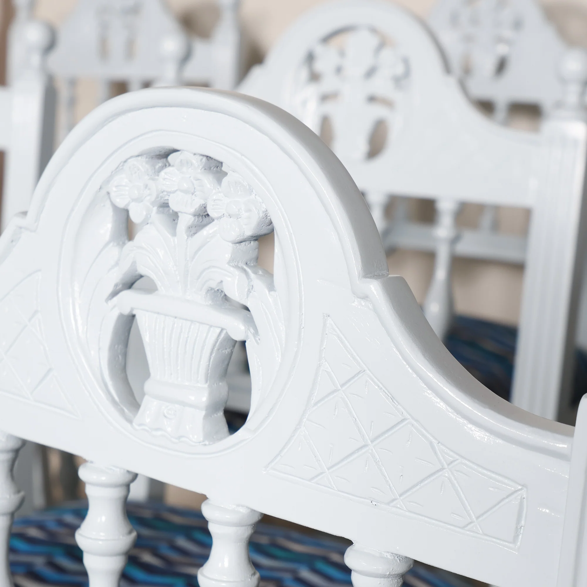 Set of 10 of Floral Carved Dining Chairs in Gulfstream Blue - Image 8