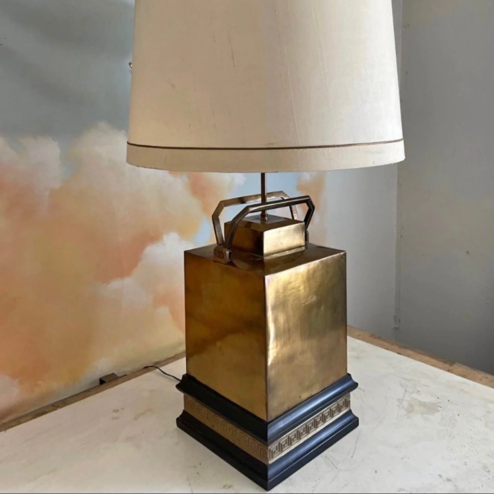 Monumental Neoclassical Brass Lamp with Greek Key Detailing circa 1970s - Image 2