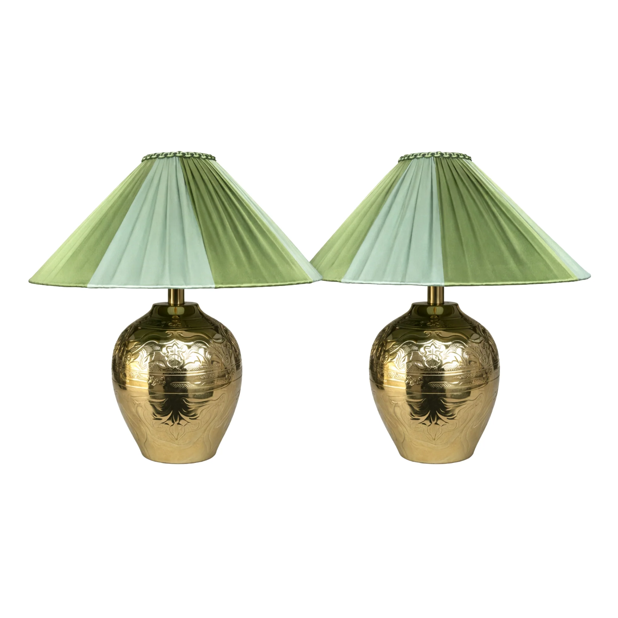Pair of Gold Metal Embossed Lamps with The Stripy Olive & Pistachio Shades