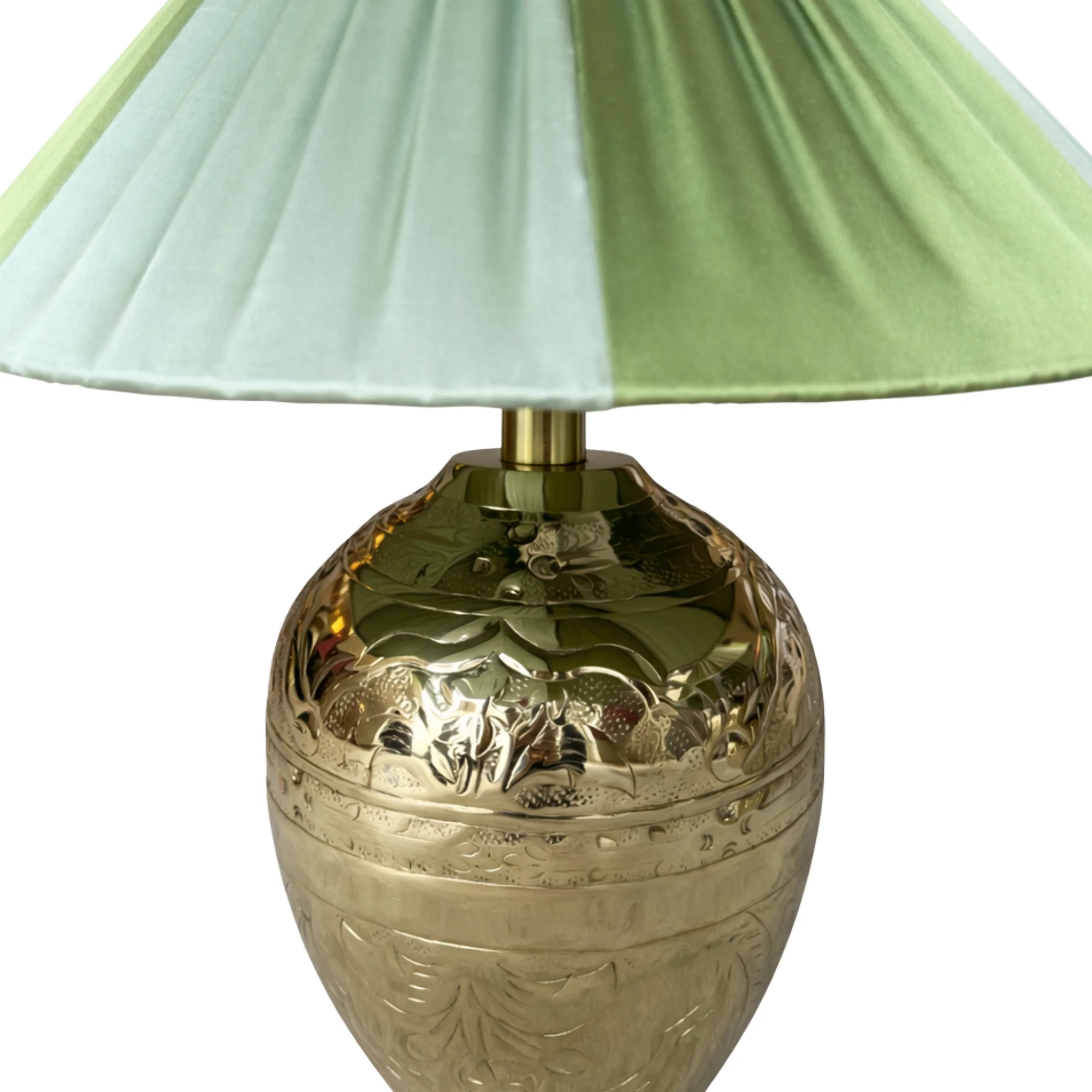 Pair of Gold Metal Embossed Lamps with The Stripy Olive & Pistachio Shades - Image 2