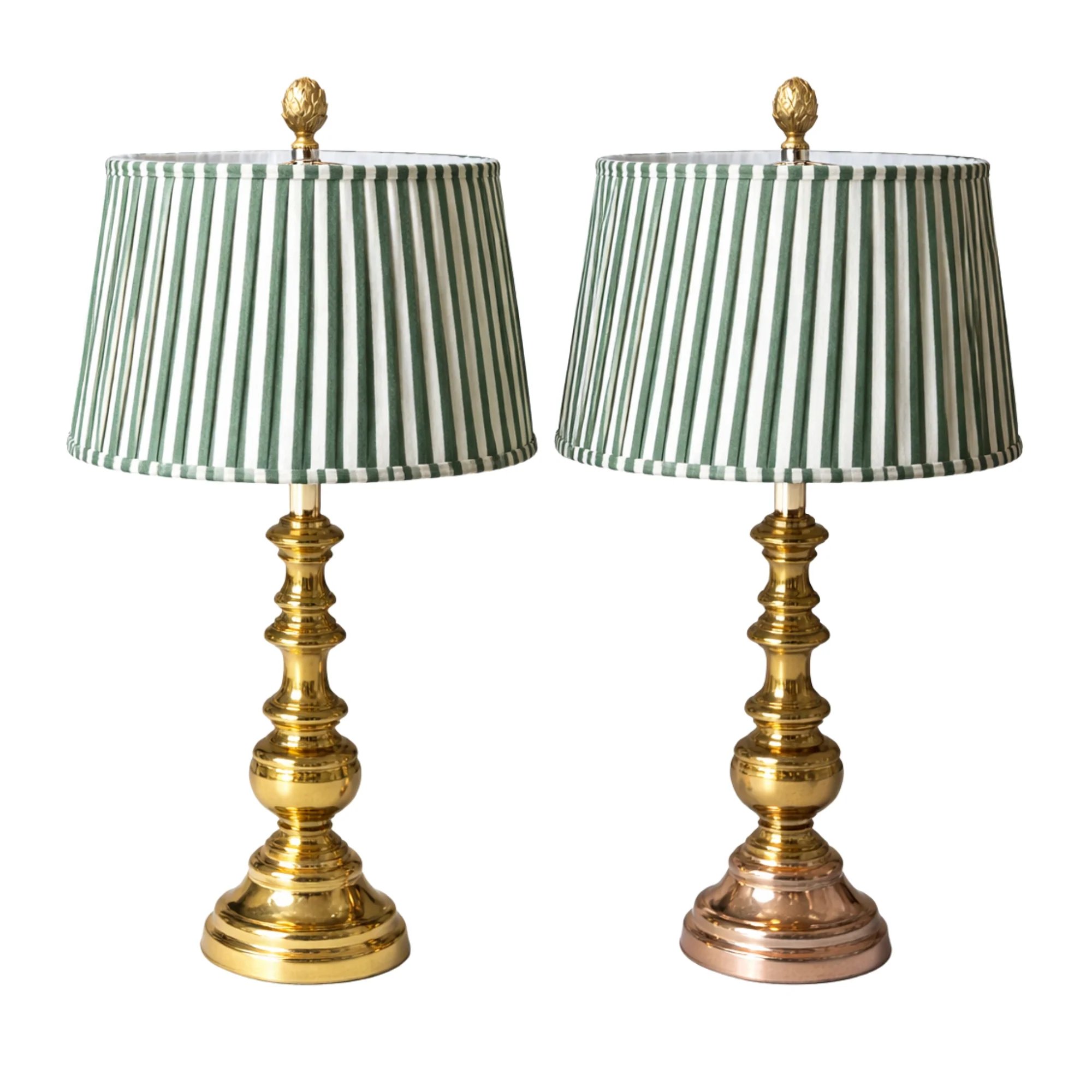 Pair of 1970s Brass Lamps by Stiffel with Green & White Striped Shades