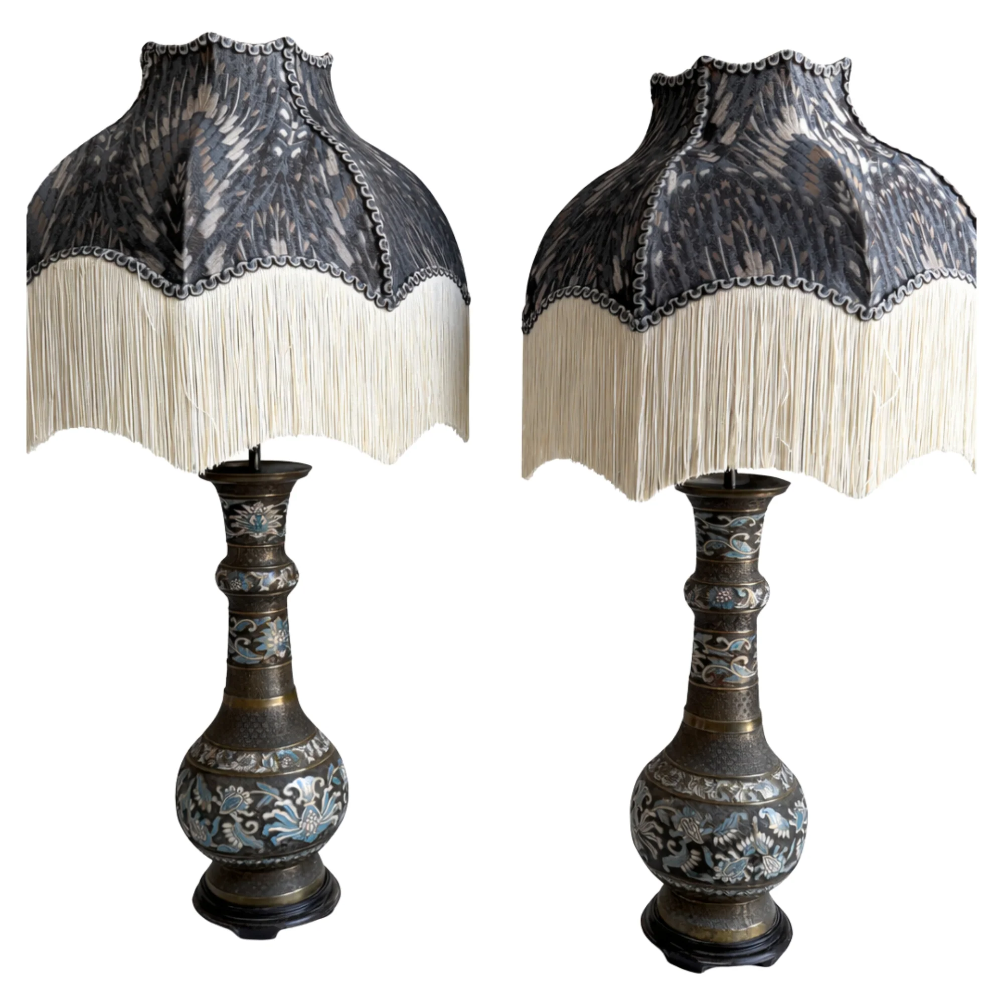 Pair of Brass Champlevé Cloisonné Lamps with Lolana Lampshades