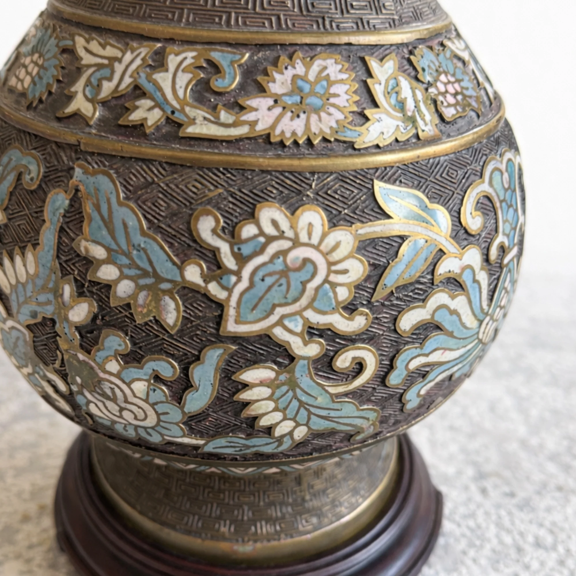 Pair of Brass Champlevé Cloisonné Lamps with Lolana Lampshades - Image 2