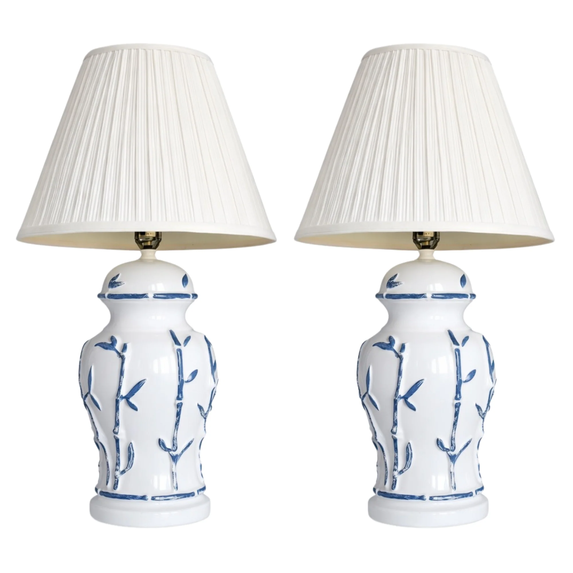 Pair of Hand-Glazed Porcelain Blue & White Bamboo Lamps with Pleated Shades