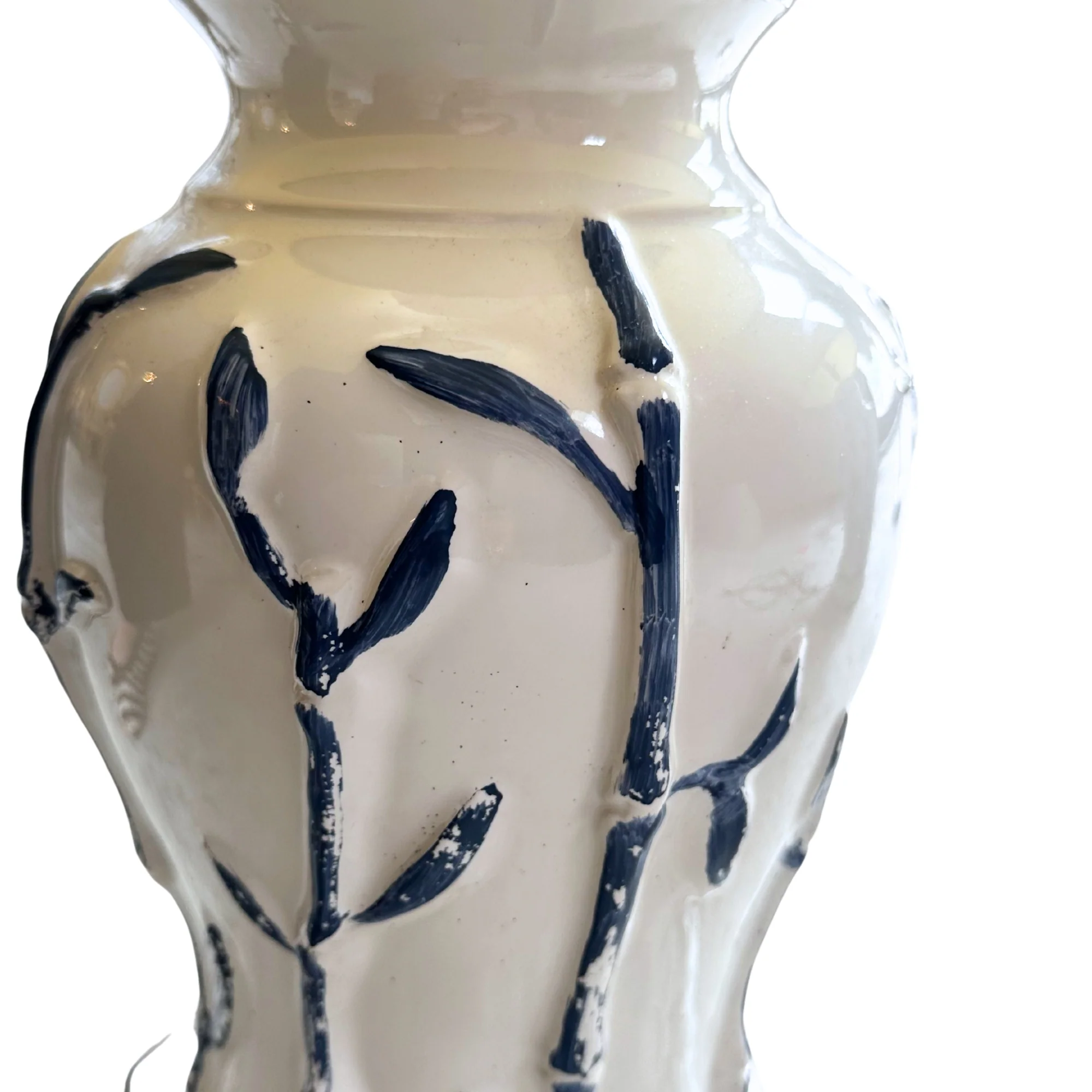 Pair of Hand-Glazed Porcelain Blue & White Bamboo Lamps with Pleated Shades - Image 3