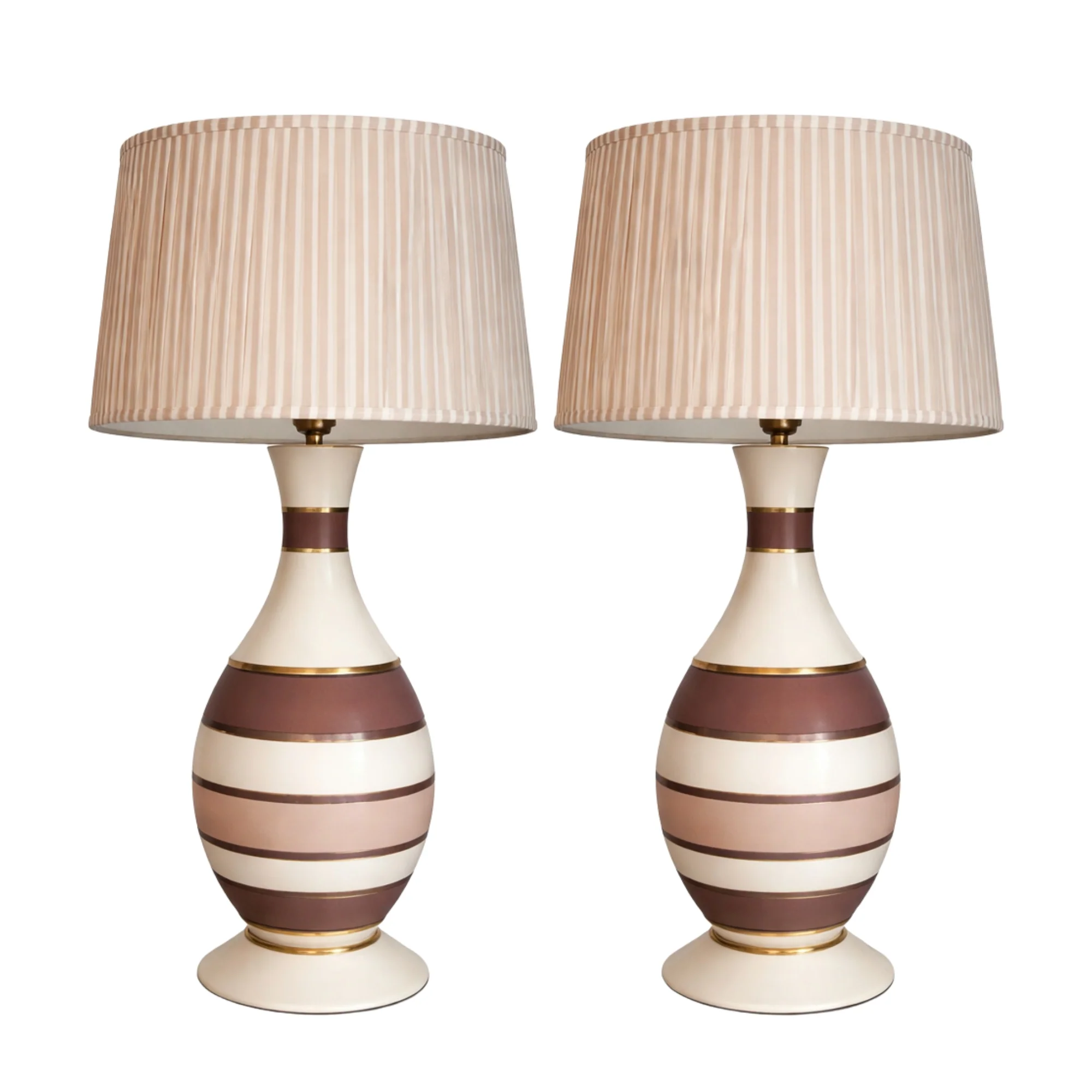 Pair of Hand Painted Ceramic Lamps with Blush, Gold and Chocolate Stripes