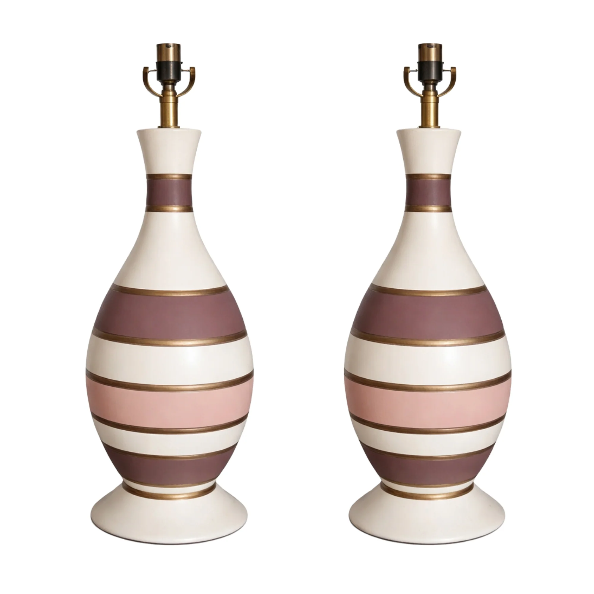 Pair of Hand Painted Ceramic Lamps with Blush, Gold and Chocolate Stripes - Image 2