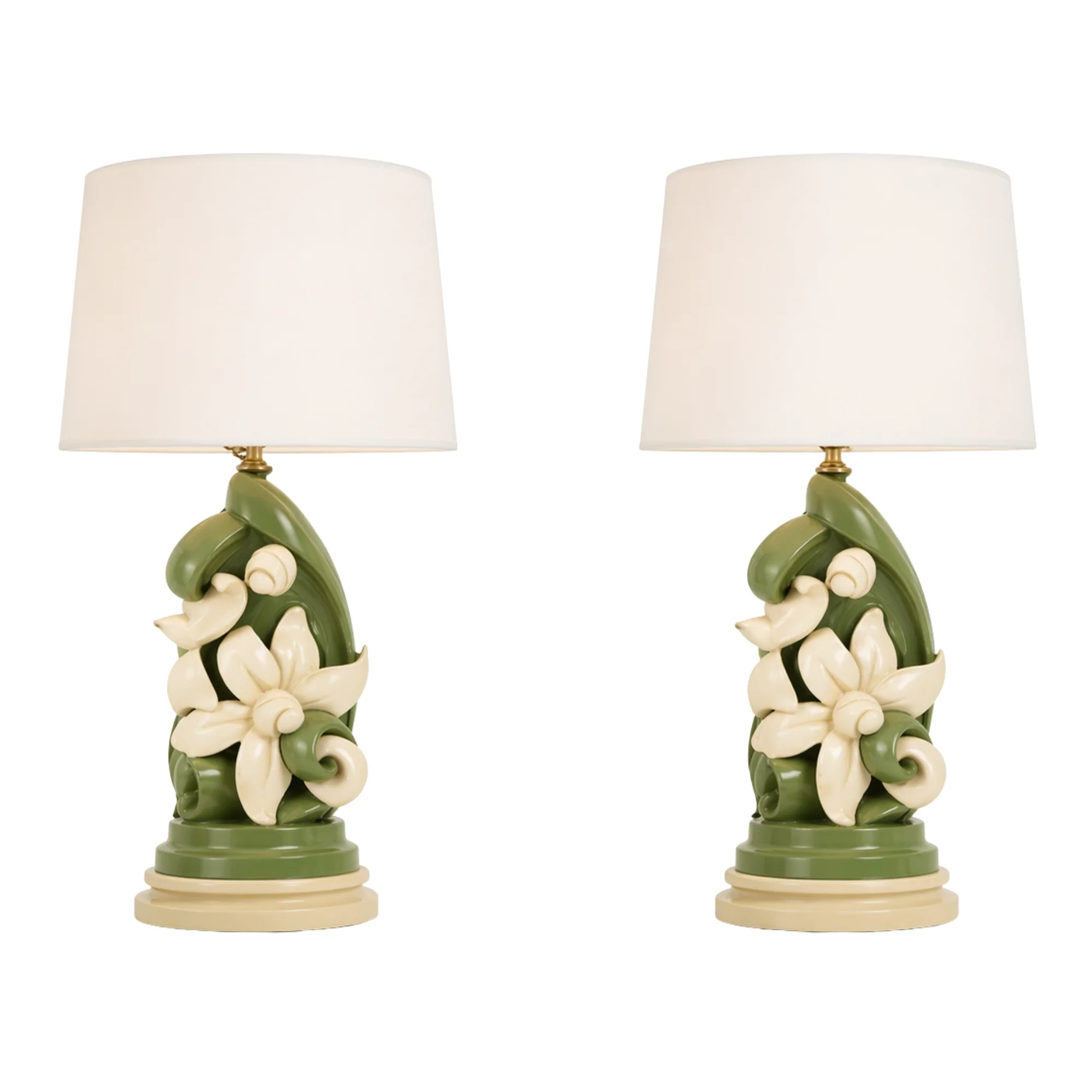 Pair of Mid Century Reglor of California Floral Lily Chalkware Lamps