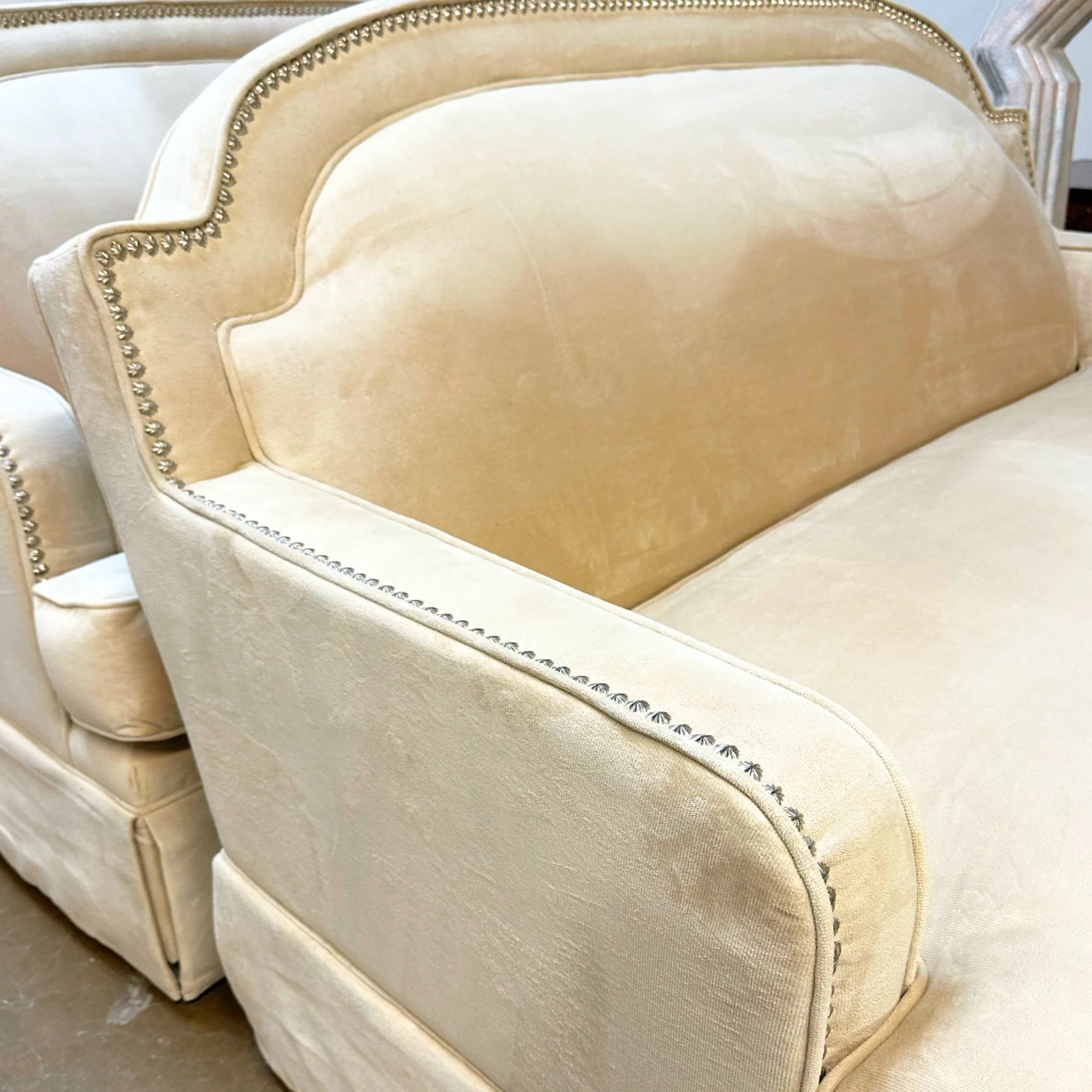 Pair of Vintage Cream Sofas with Nailhead Trim - Image 3
