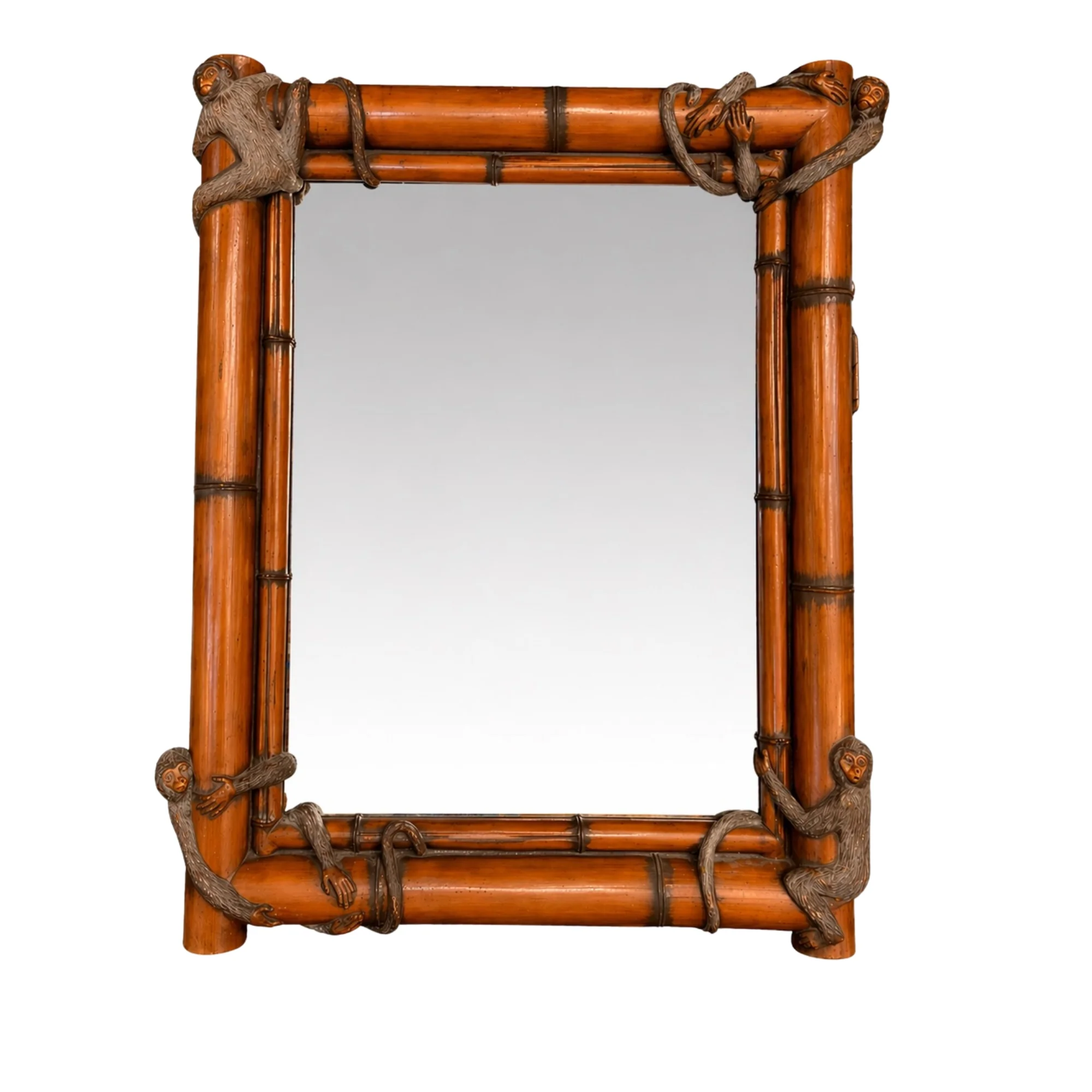 1980s Regency Style Cast Faux Bamboo Mirror Wrapped in Monkeys