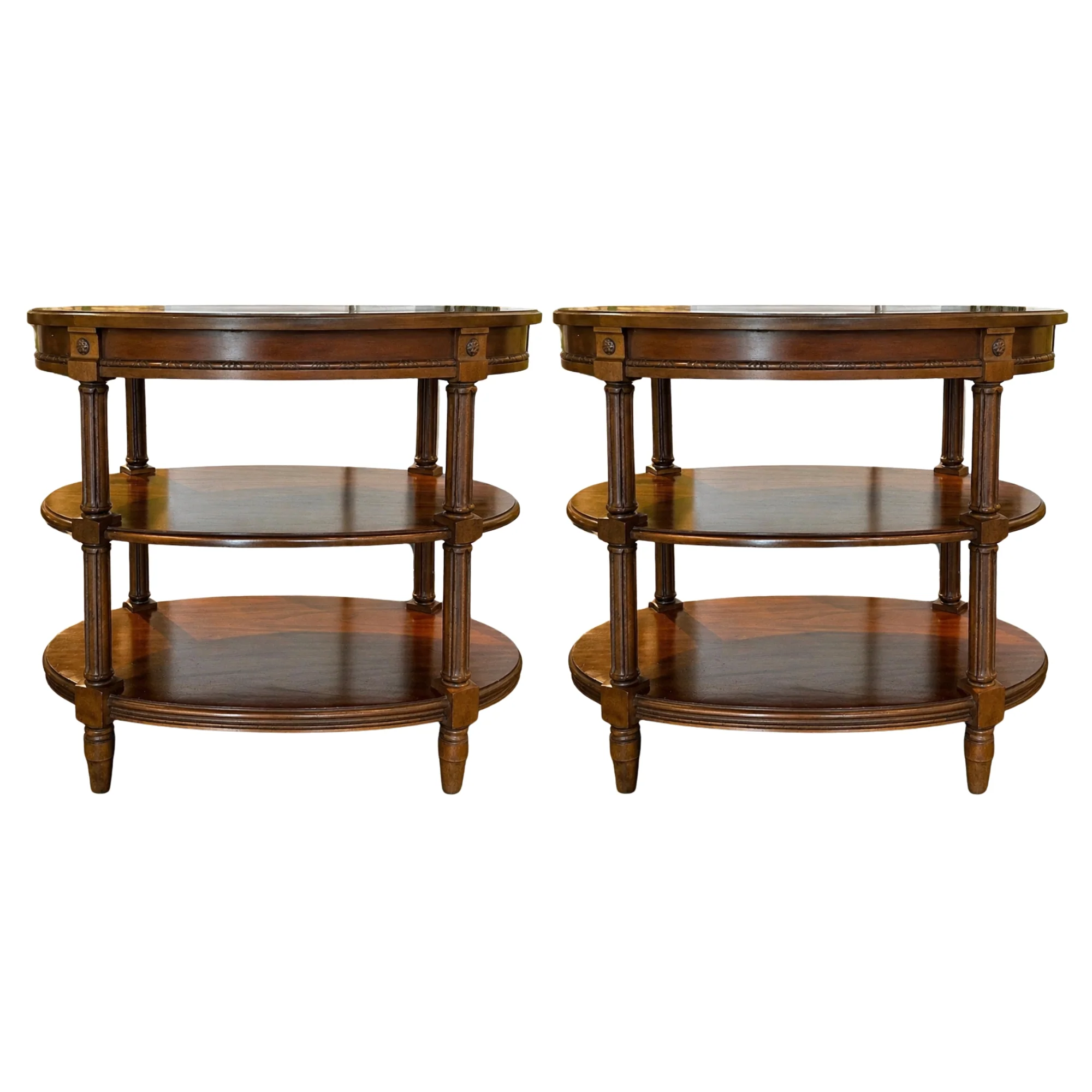 Pair of American Classical Three-Tier Oval Fruitwood Side Tables