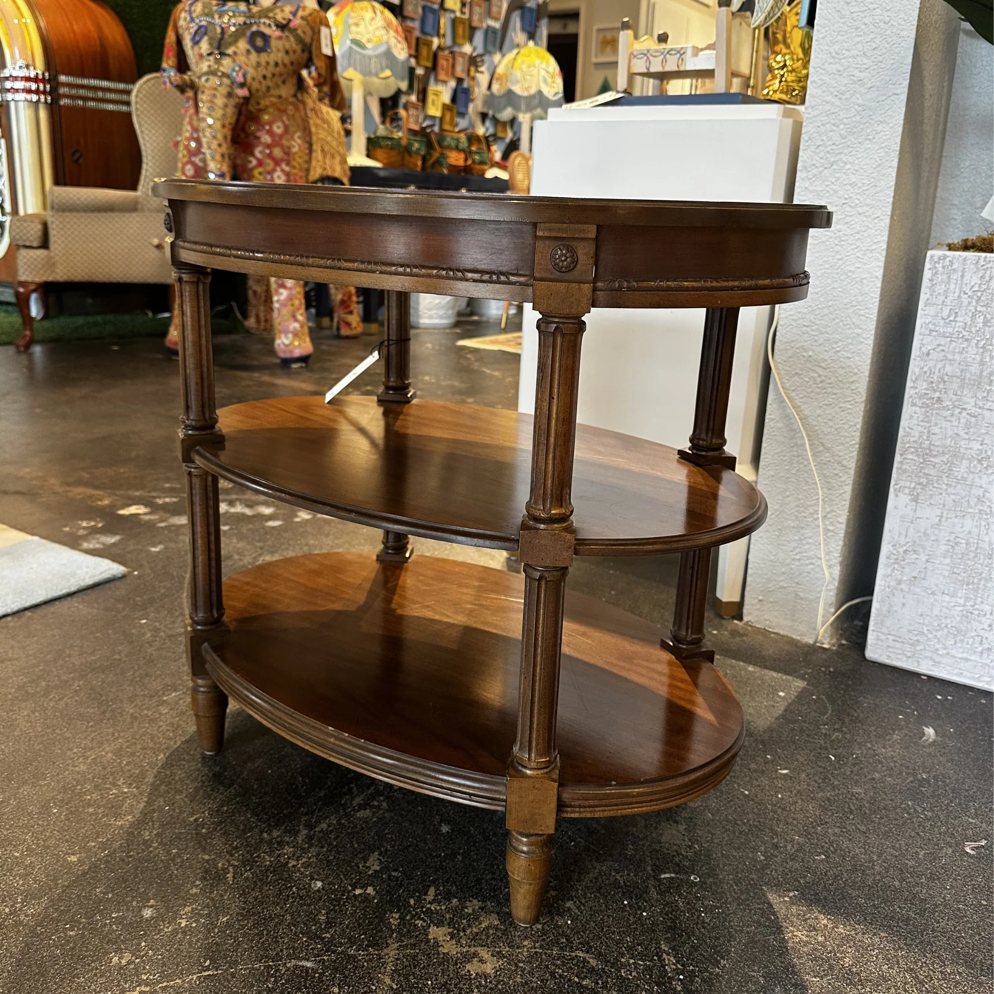 Pair of American Classical Three-Tier Oval Fruitwood Side Tables - Image 2
