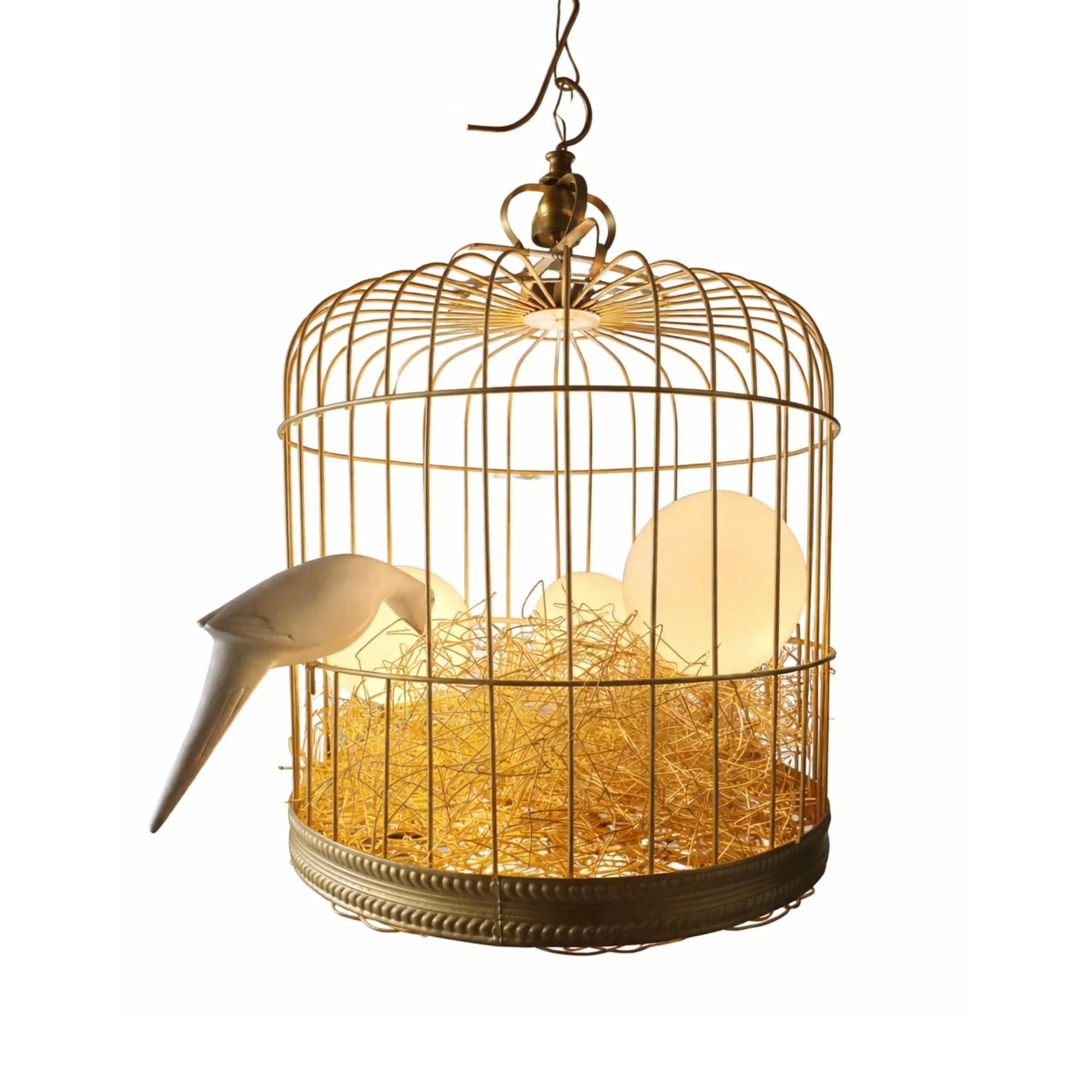 Birdcage Chandelier with Egg Lights and Nest inside