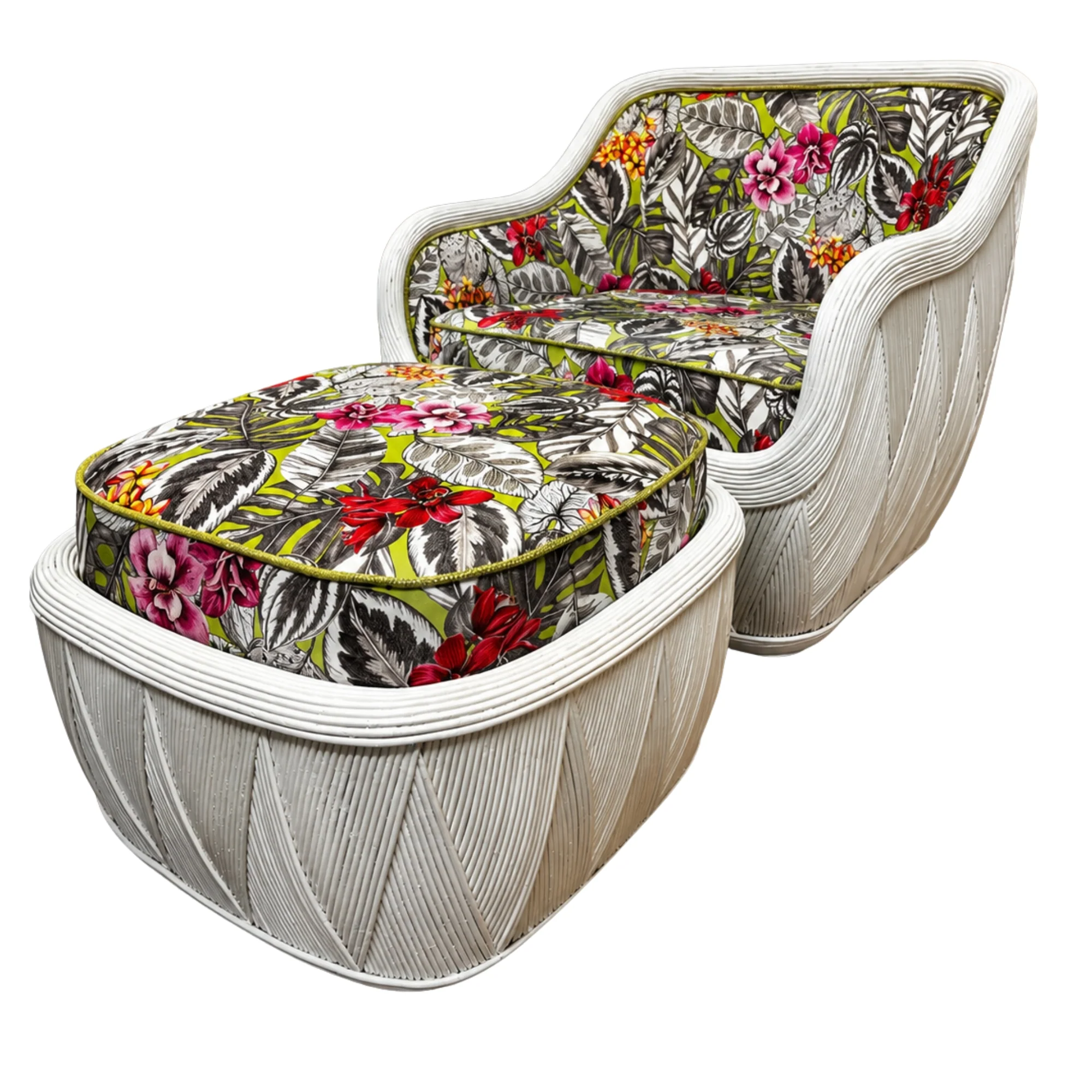 Rattan Chair with Ottoman Refinished in White Lacquer and Floral Fabric