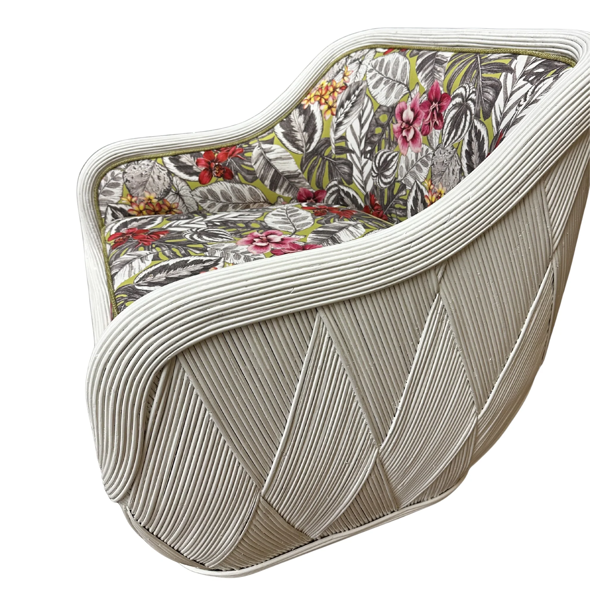 Rattan Chair with Ottoman Refinished in White Lacquer and Floral Fabric - Image 2