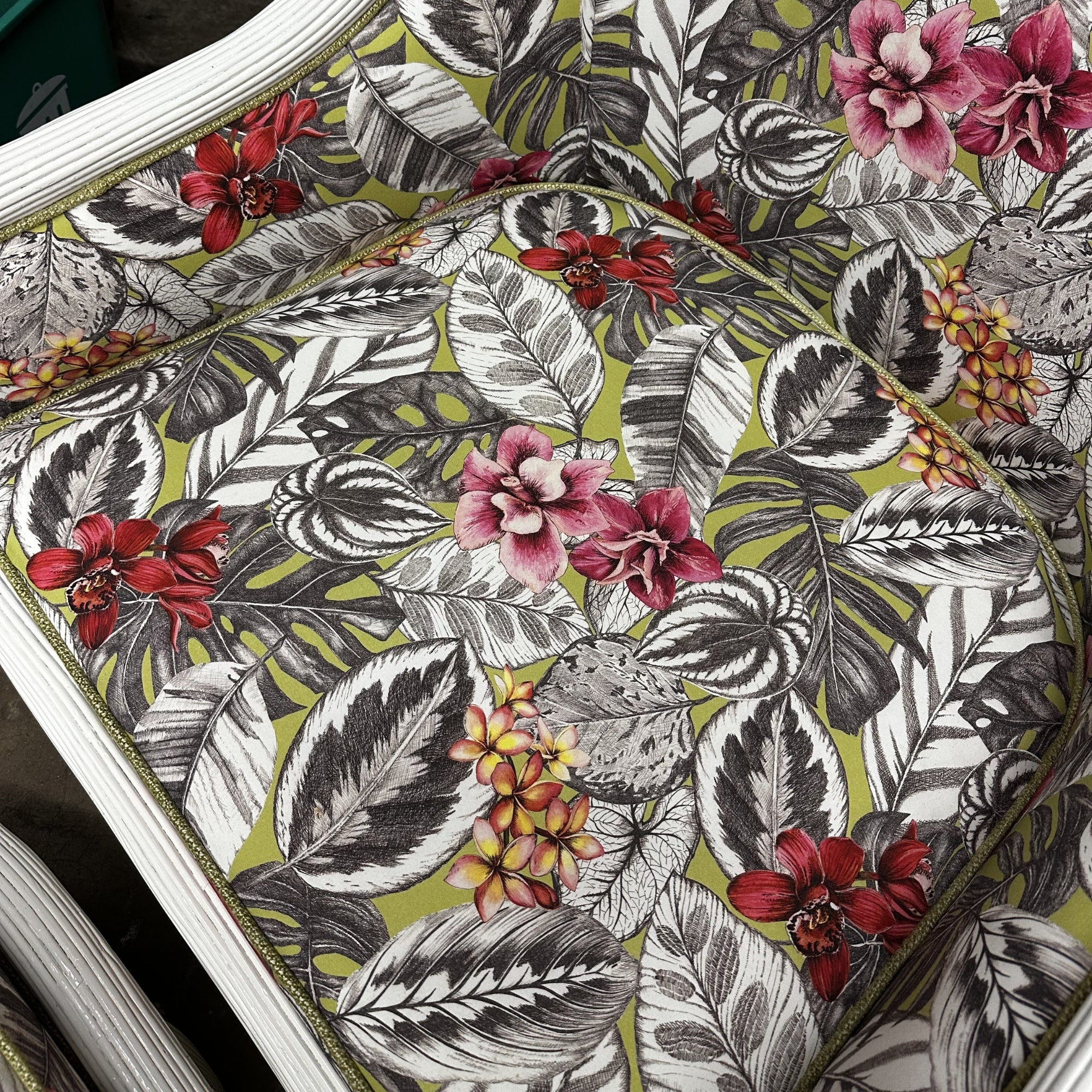 Rattan Chair with Ottoman Refinished in White Lacquer and Floral Fabric - Image 4