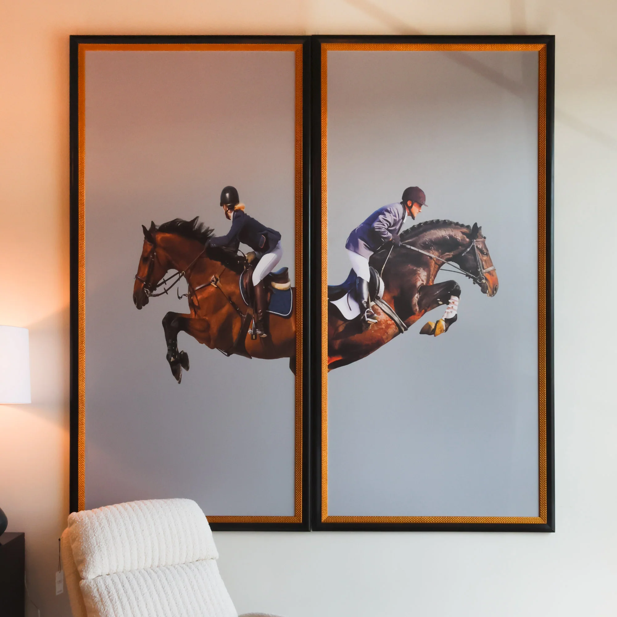 Framed Leaping Equestrian Artwork on Silk Cloth Right - Grey - Image 5