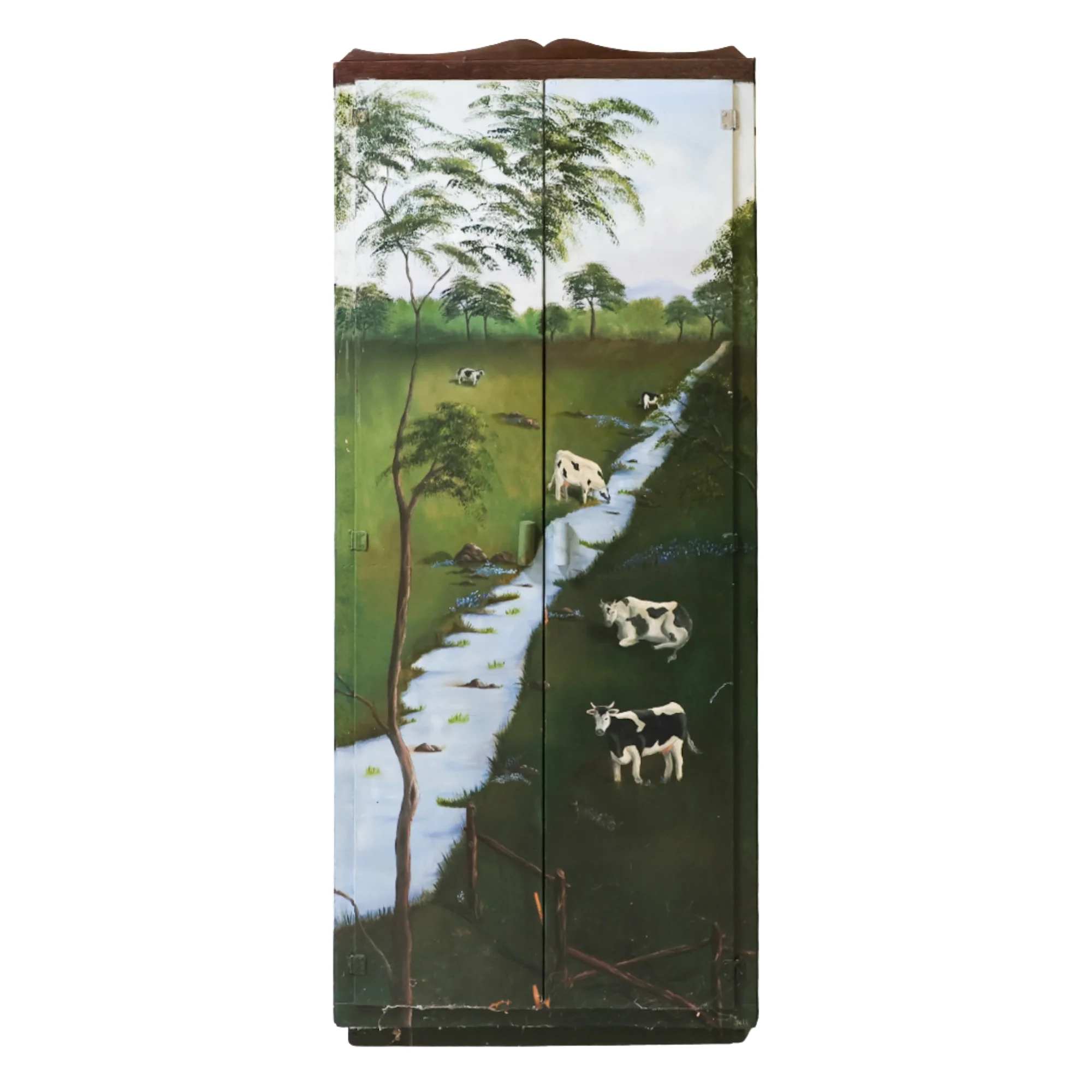 Rustic Armoire with Hand Painted Pastoral Scene
