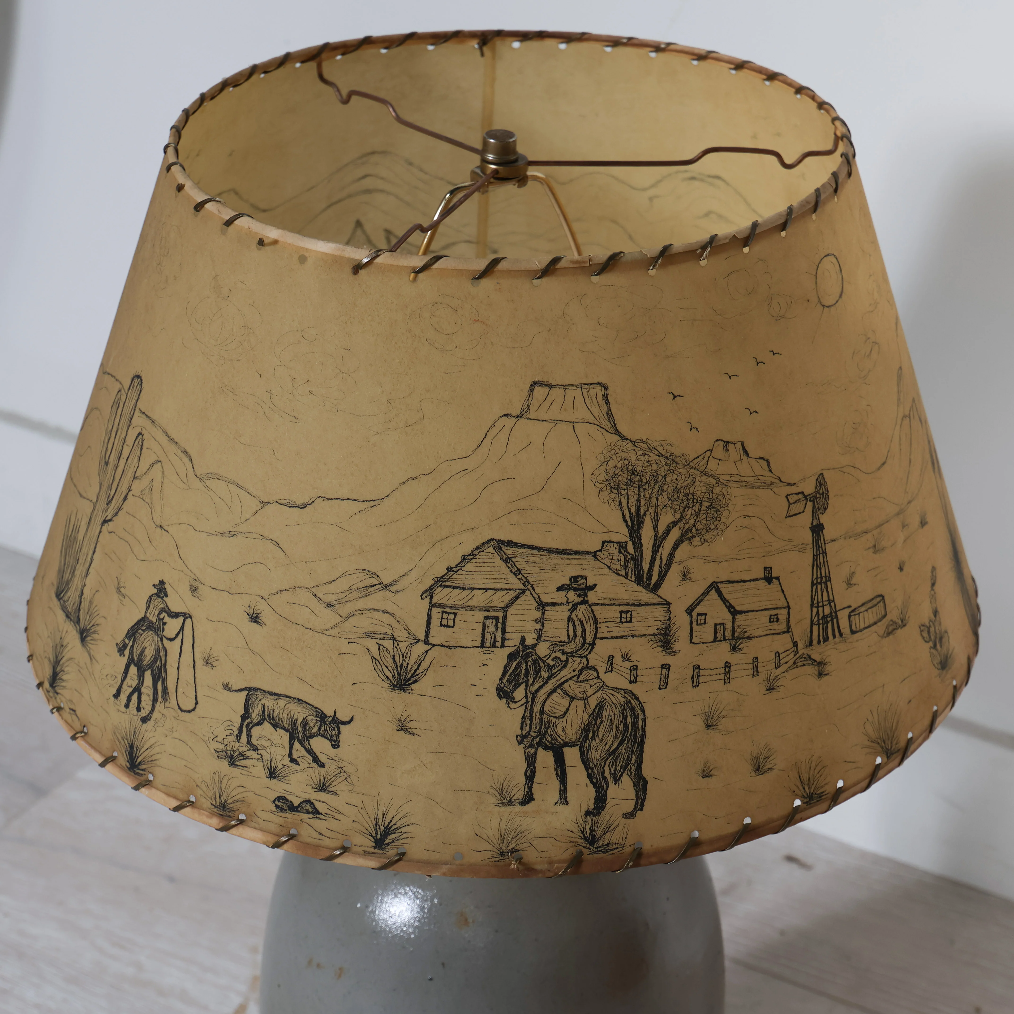 Grey Ceramic Lamp Base with Handpainted Western Shade - Image 4