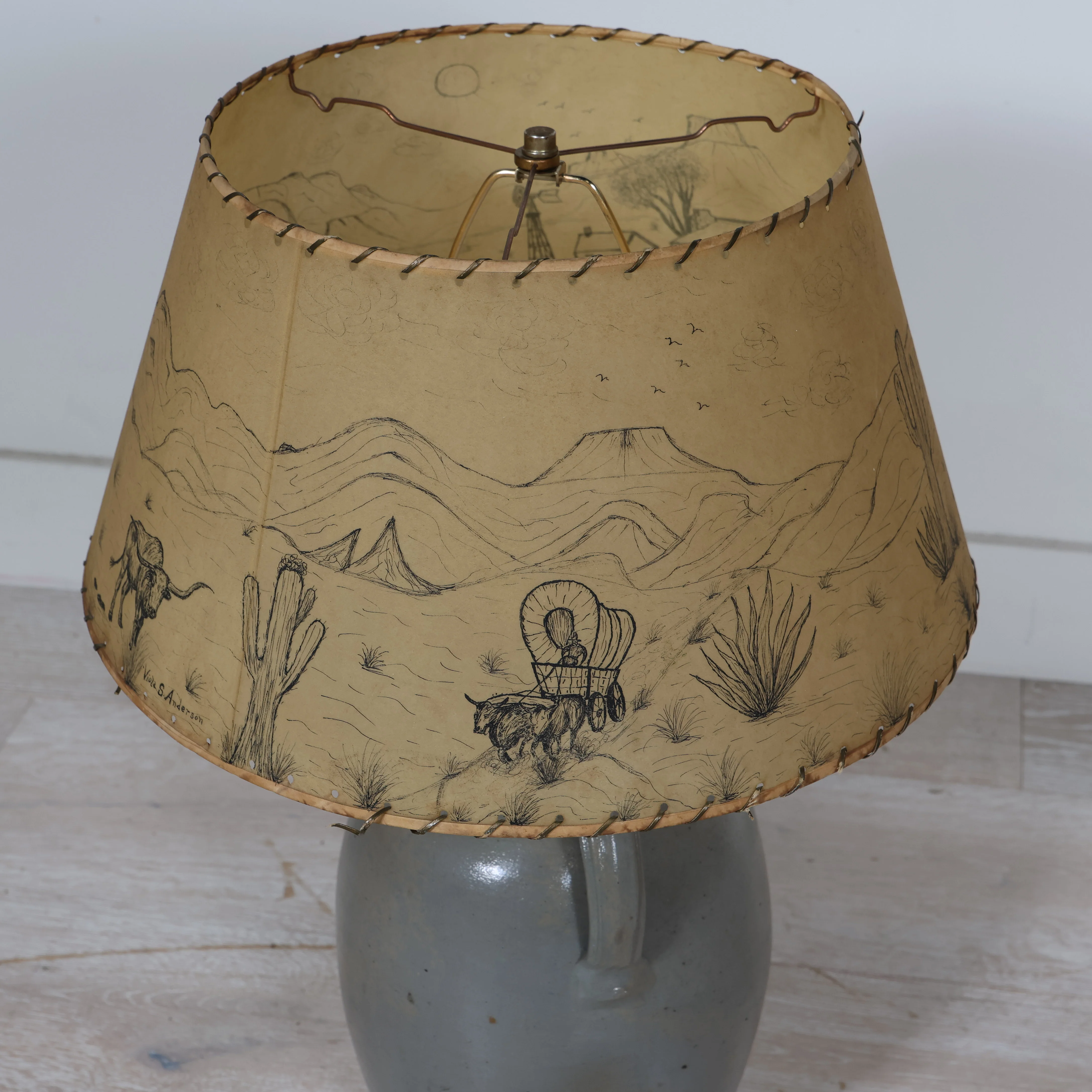 Grey Ceramic Lamp Base with Handpainted Western Shade - Image 5