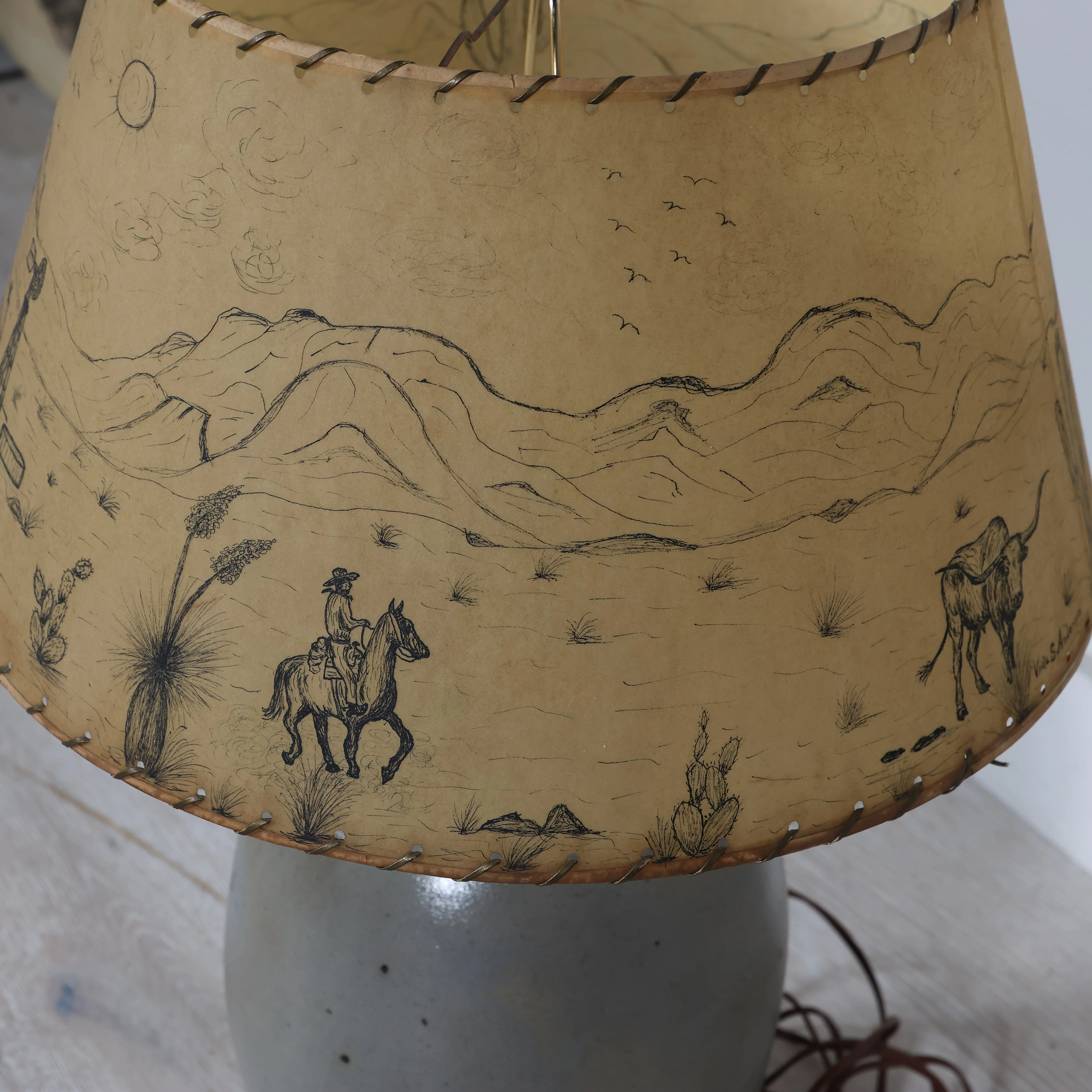 Grey Ceramic Lamp Base with Handpainted Western Shade - Image 7