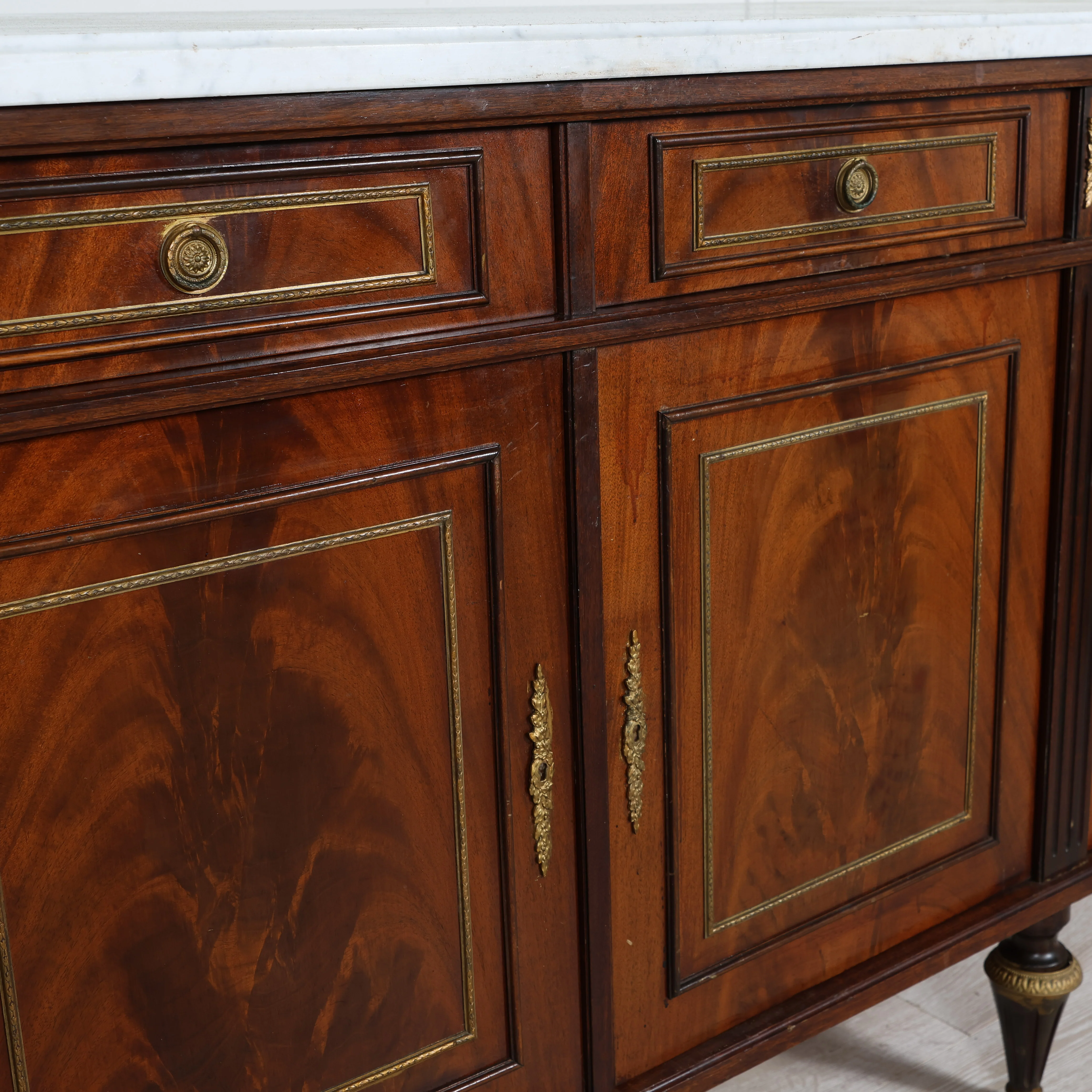 Louis XVI Style White Marble Top Mahogany Sideboard - Image 8