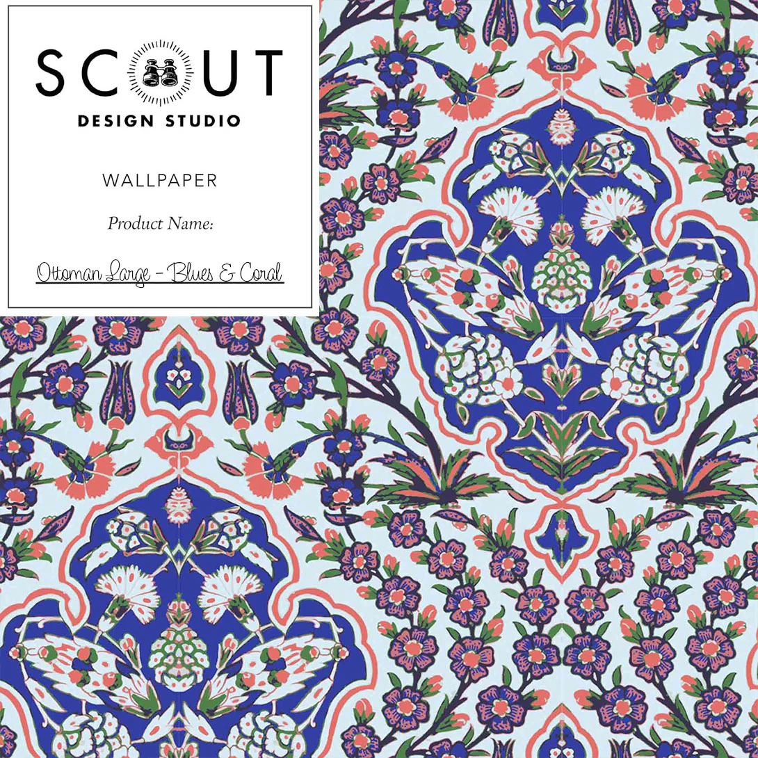 Ottoman Large Wallpaper in Blues & Coral Sample