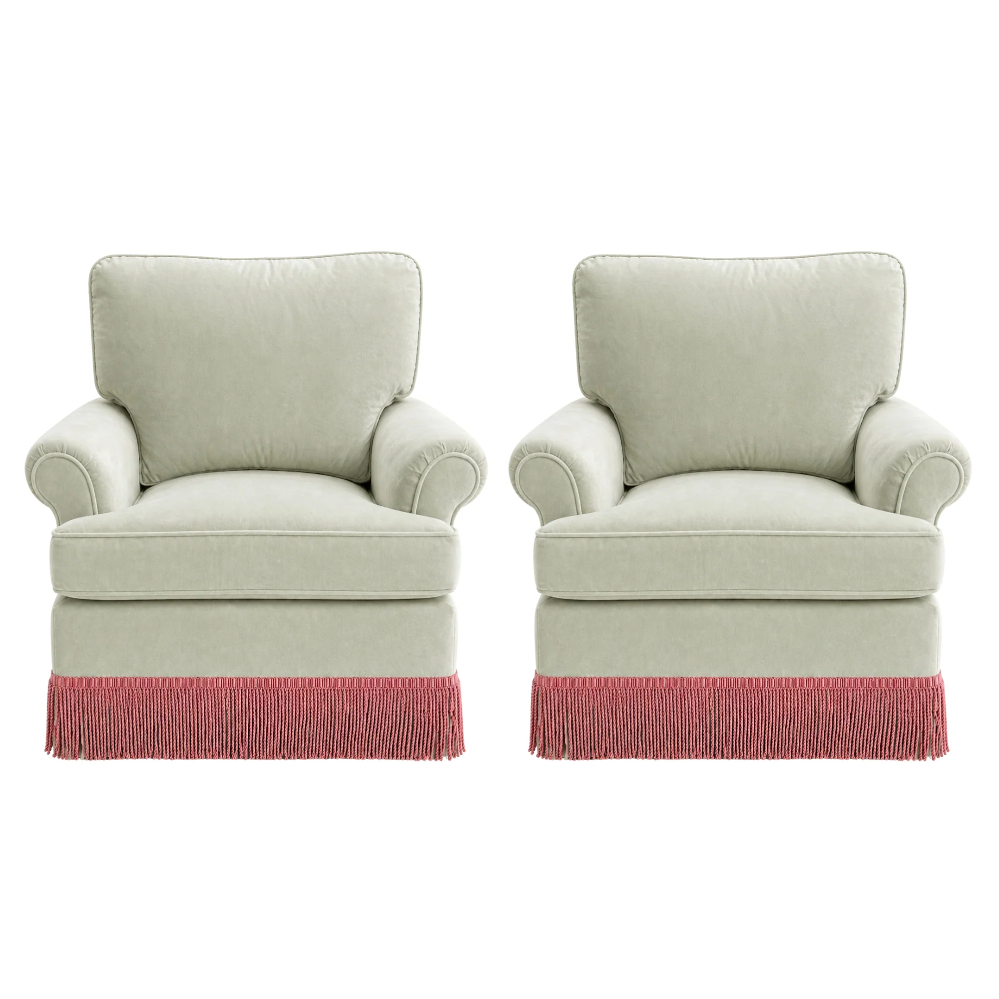Pair of Club Chairs Refinished in Cool Mint Mohair and Bullion Fringe