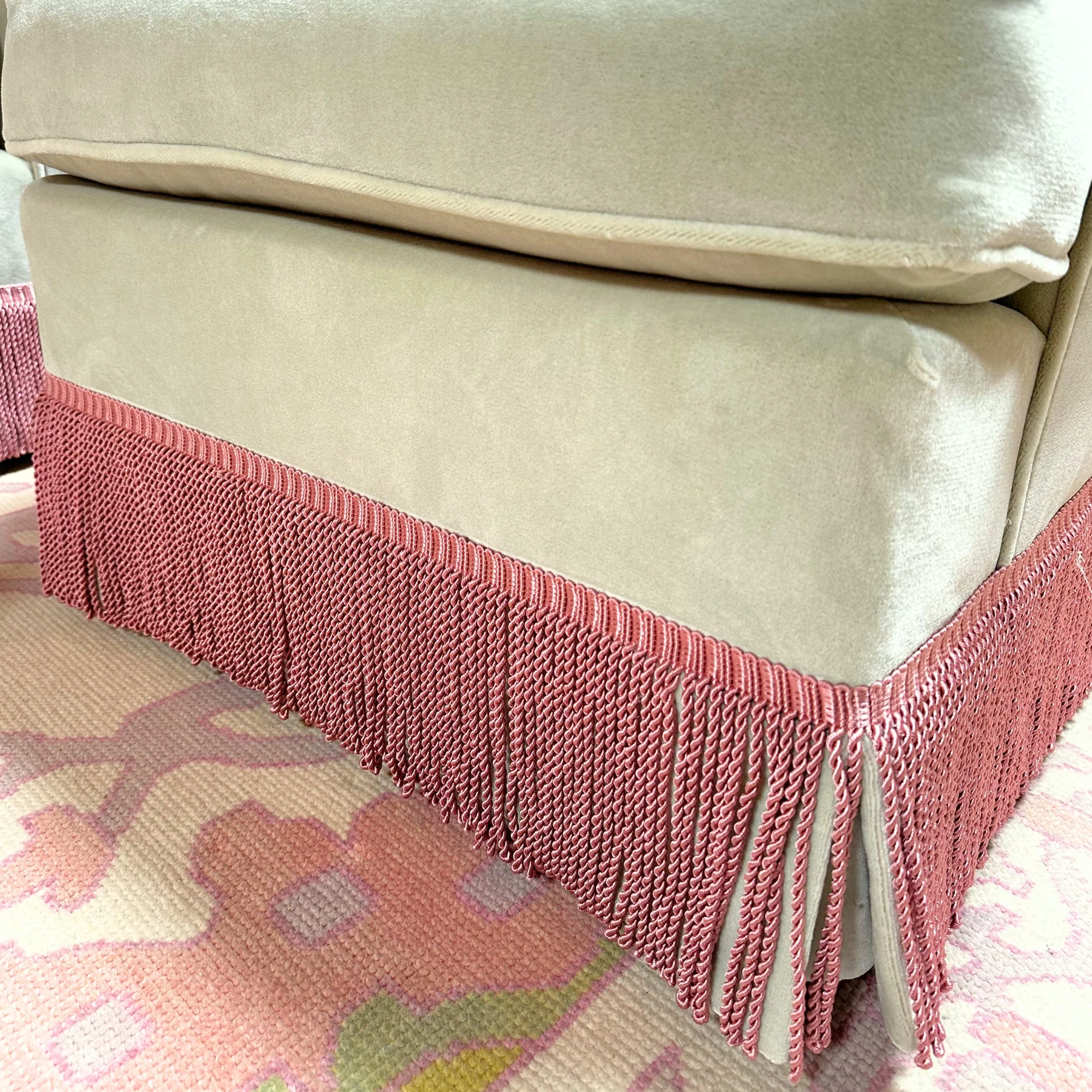 Pair of Club Chairs Refinished in Cool Mint Mohair and Bullion Fringe - Image 3