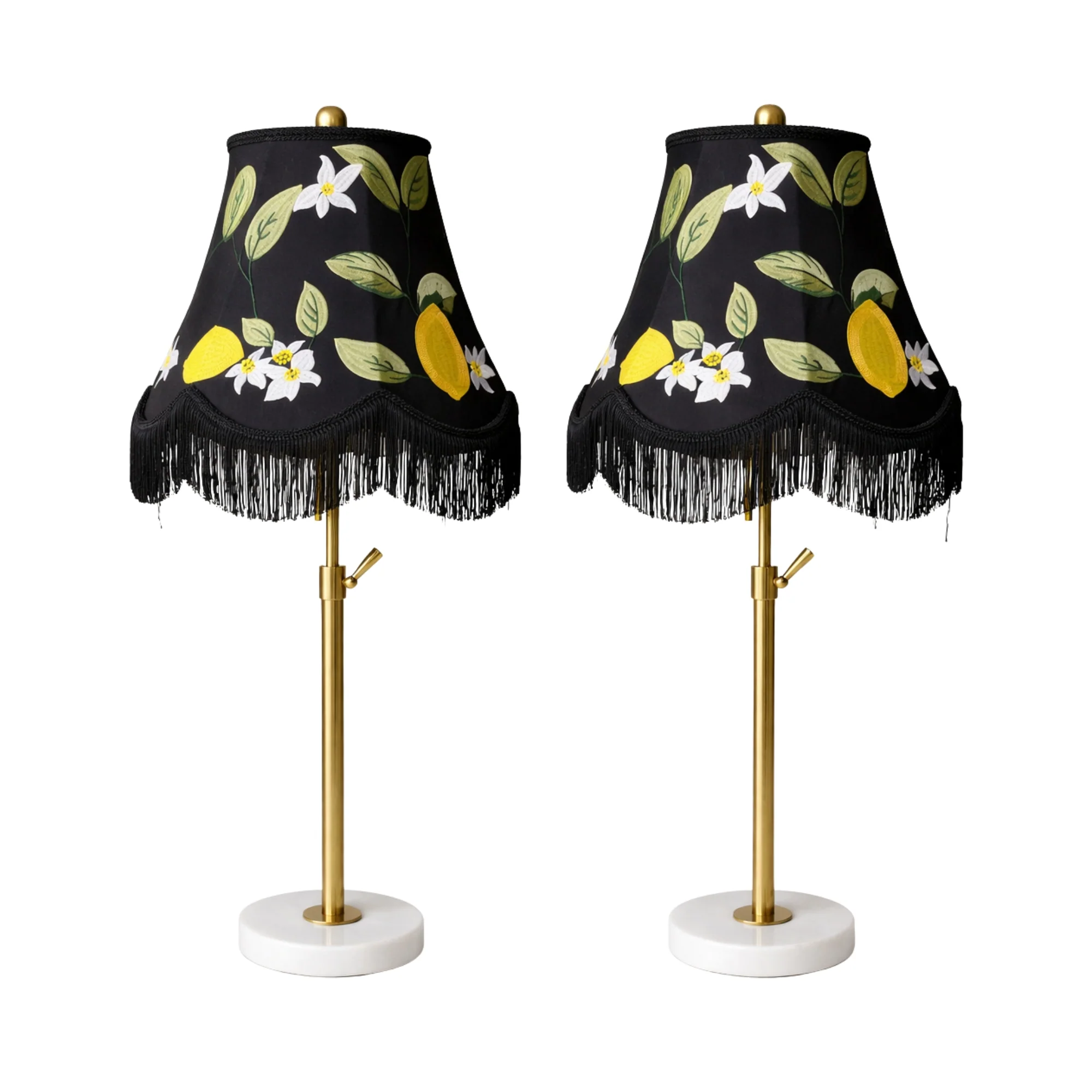 Pair of Gold & Marble Table Lamps with Black Fringe & Lemon Shades