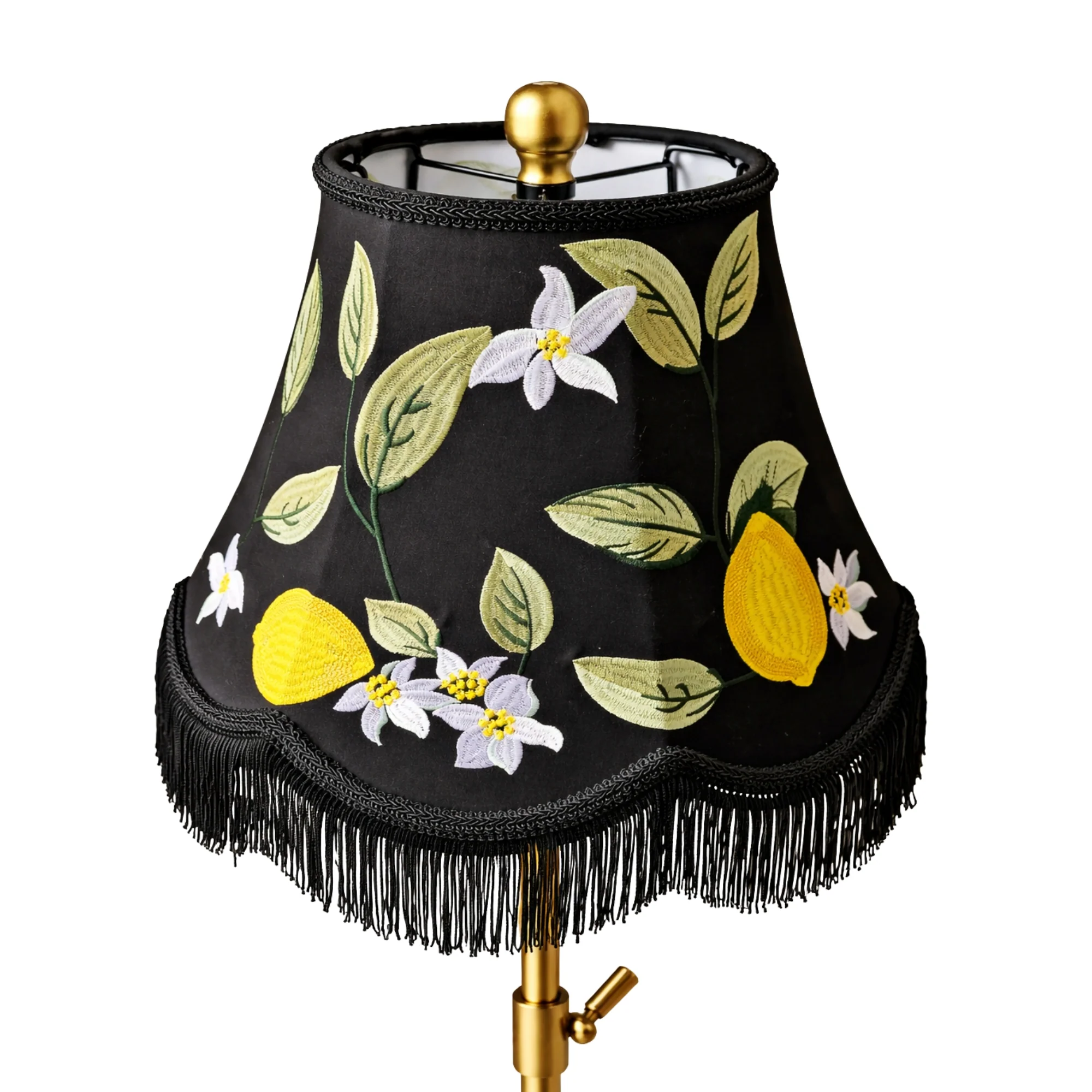 Pair of Gold & Marble Table Lamps with Black Fringe & Lemon Shades - Image 2
