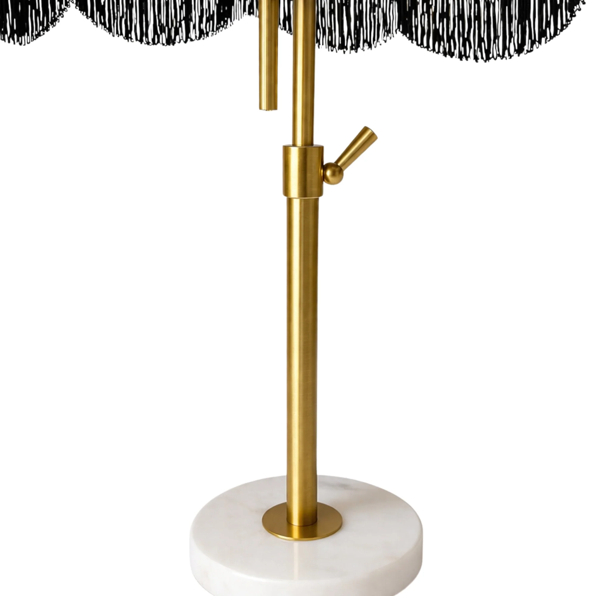 Pair of Gold & Marble Table Lamps with Black Fringe & Lemon Shades - Image 3