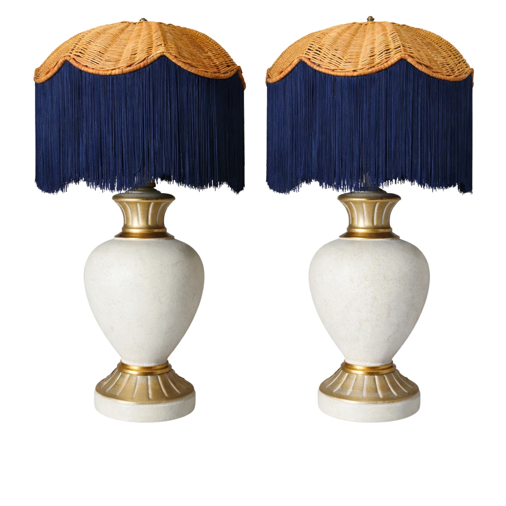 Pair of Hollywood Regency Ceramic Crackle Glaze Lamps with Rattan Lamp Shades