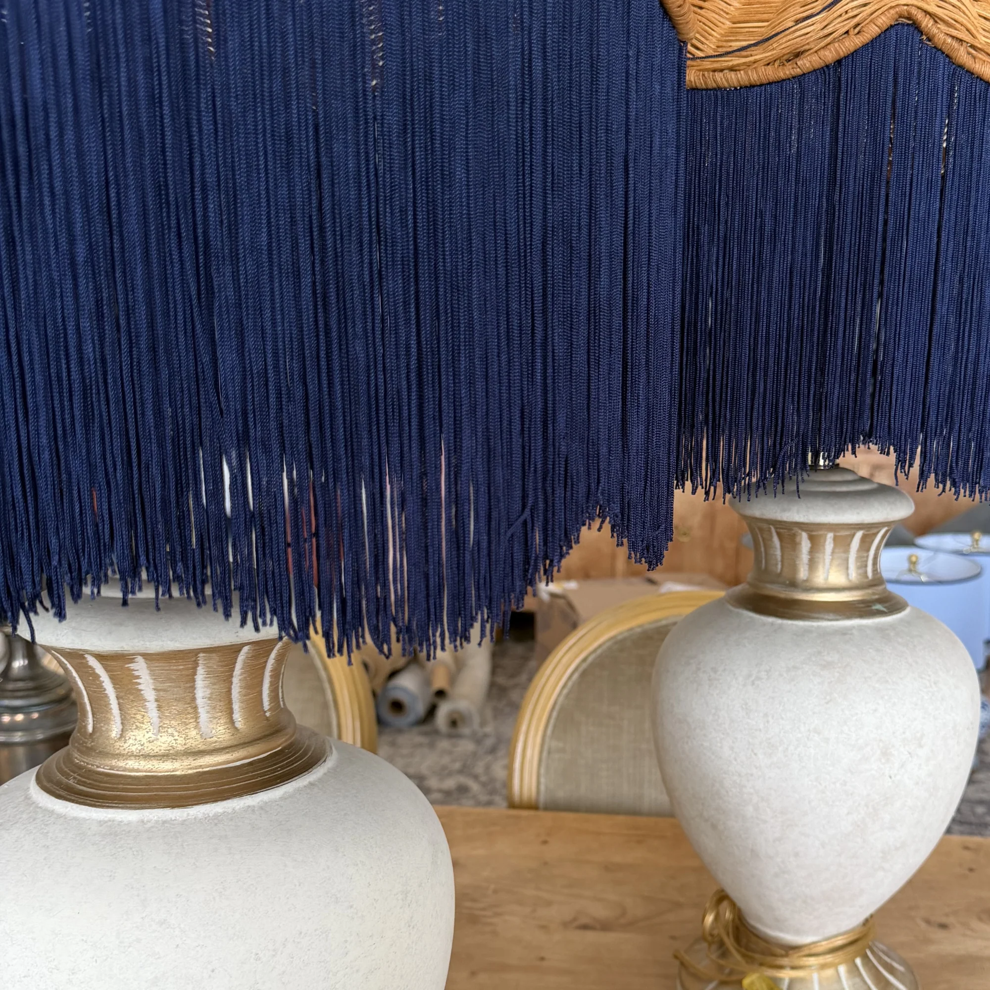 Pair of Hollywood Regency Ceramic Crackle Glaze Lamps with Rattan Lamp Shades - Image 4
