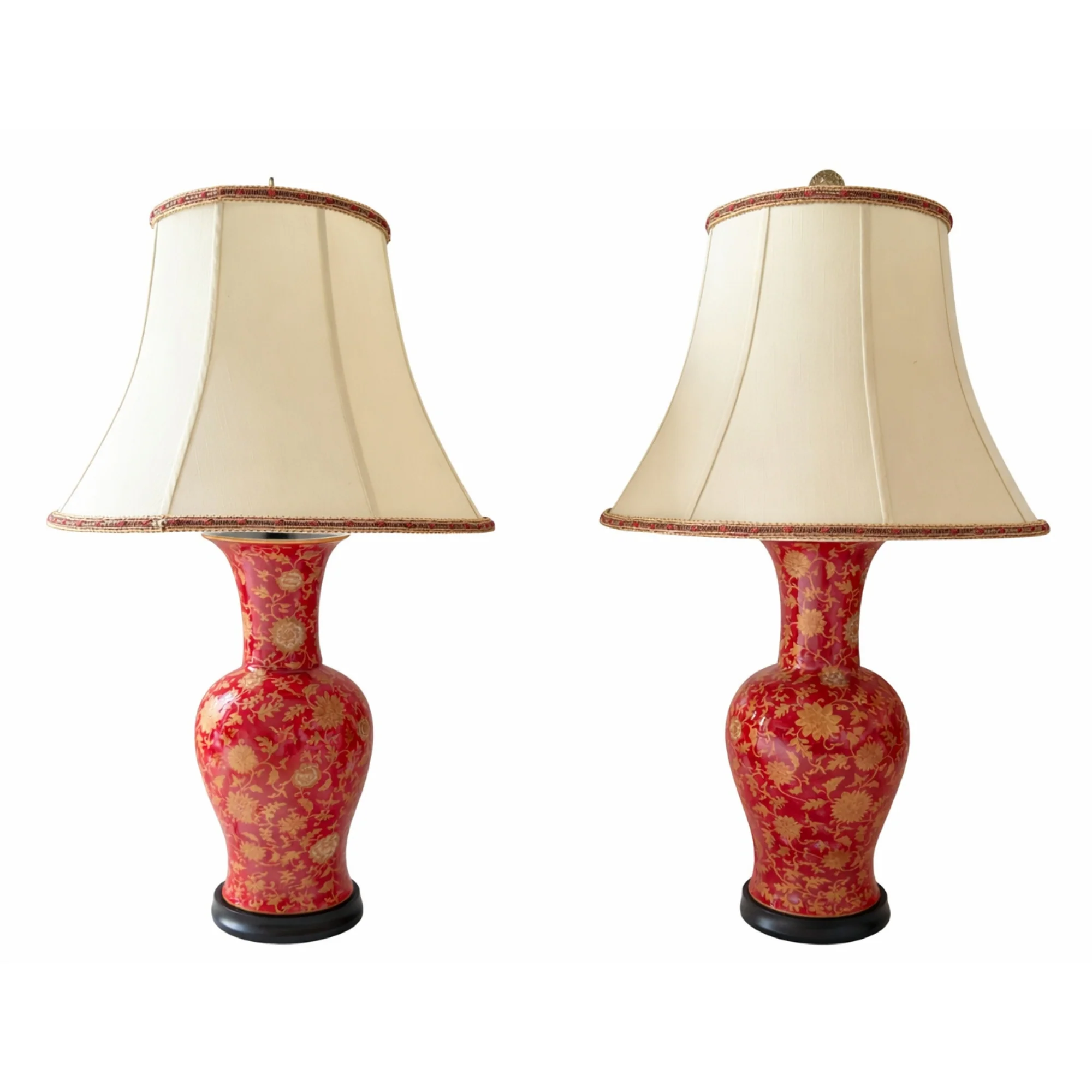 Pair of Large Glazed Porcelain Oxblood Floral Chinese Vase Lamps