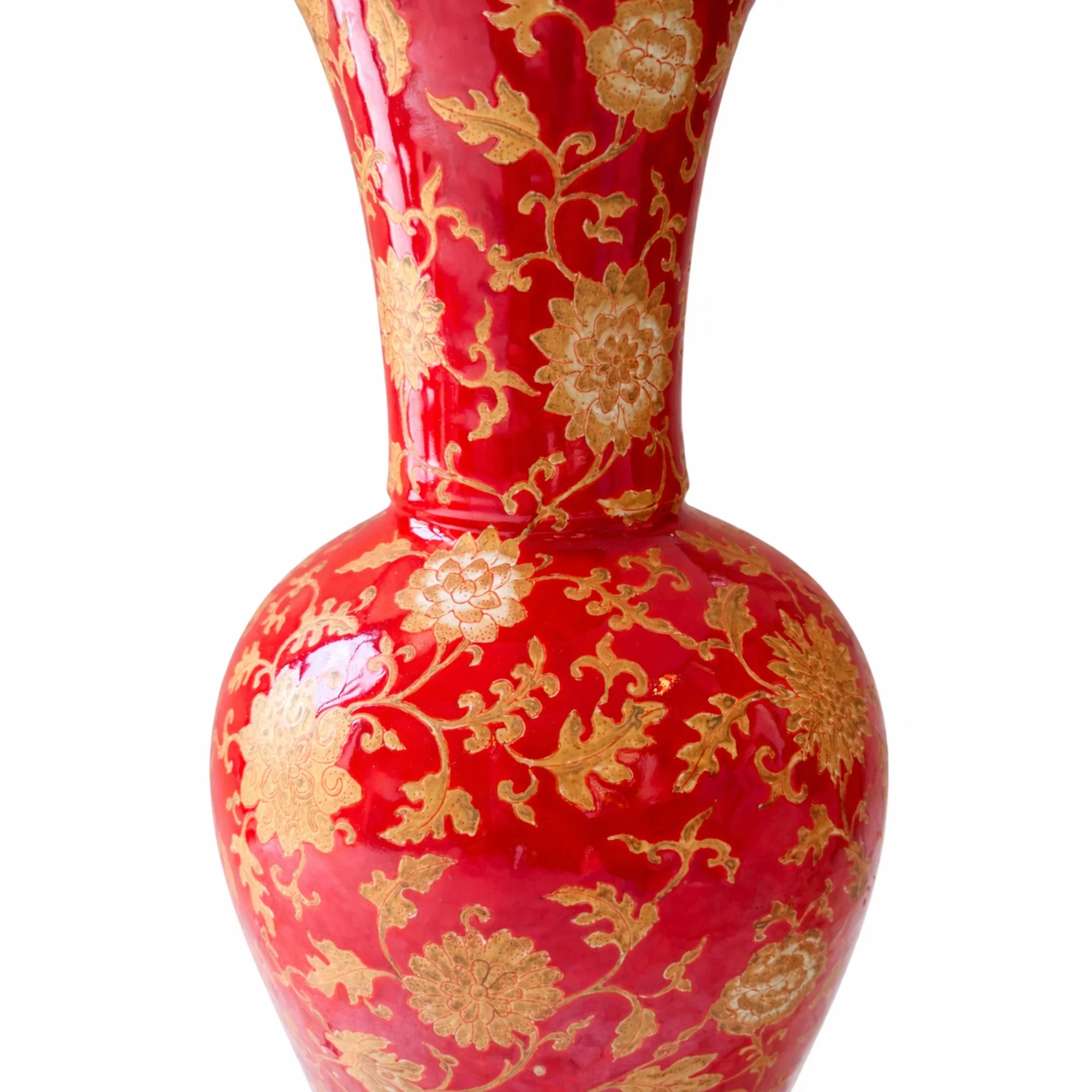 Pair of Large Glazed Porcelain Oxblood Floral Chinese Vase Lamps - Image 3
