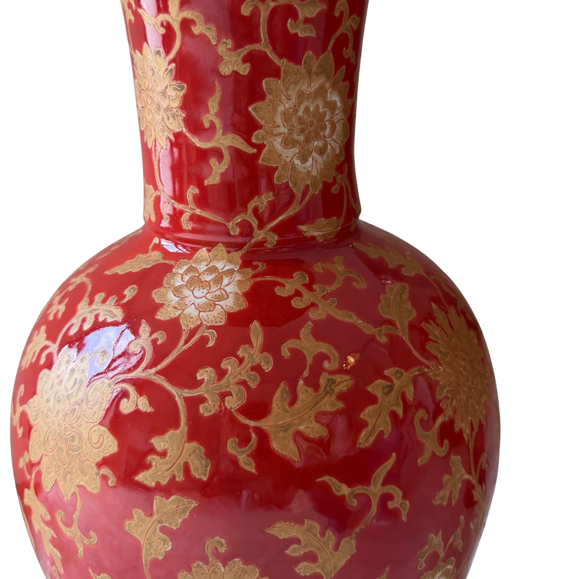 Pair of Large Glazed Porcelain Oxblood Floral Chinese Vase Lamps - Image 4
