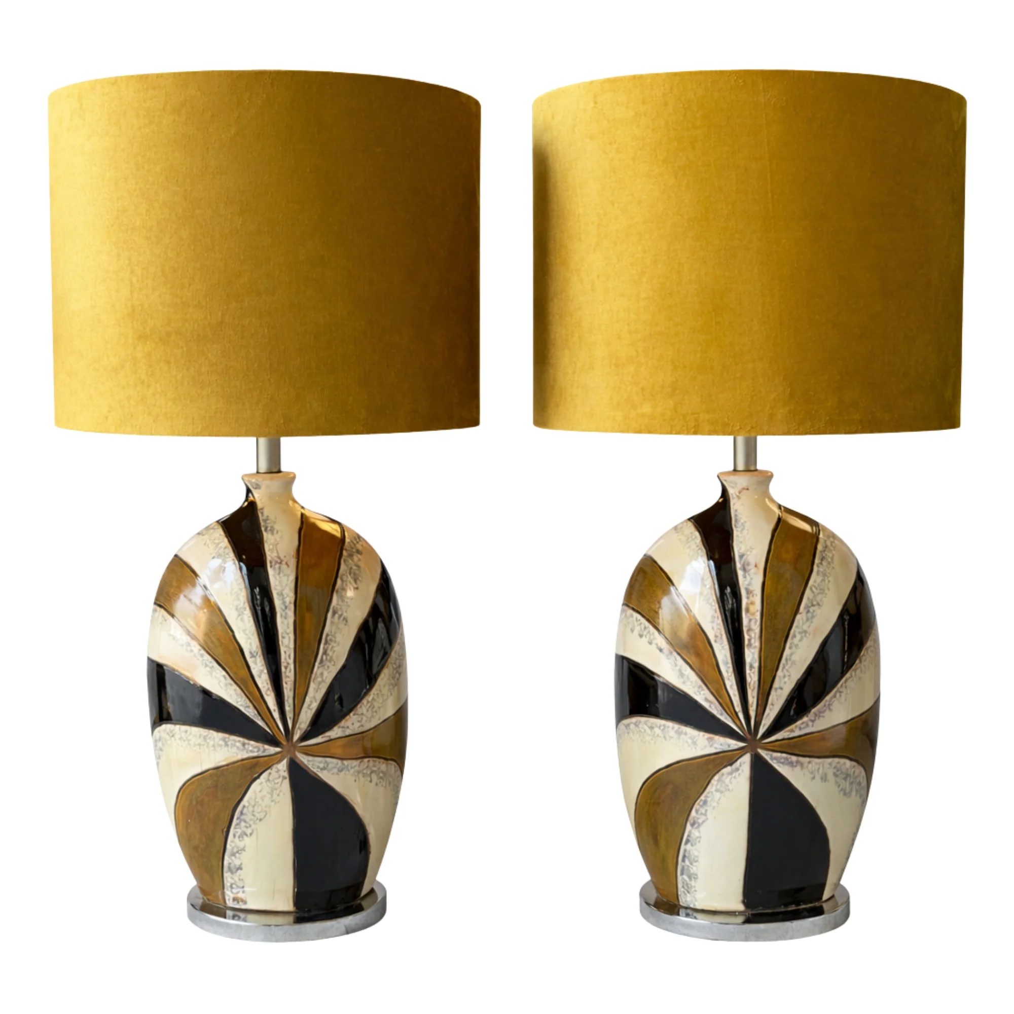 Pair of MCM Geometric Drip Glaze Ceramic Lamps - Black, Tan, White