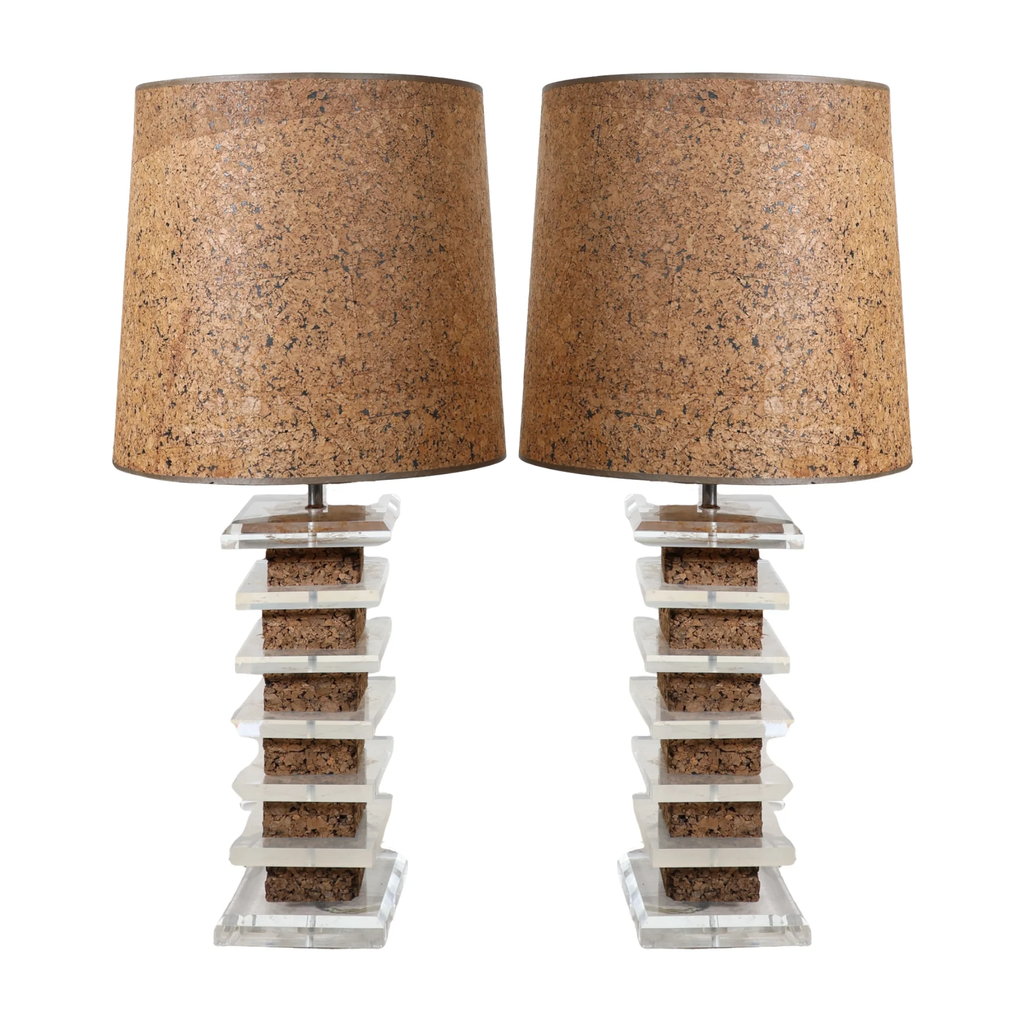 Pair of Monumental Lucite and Cork Lamps with Shades