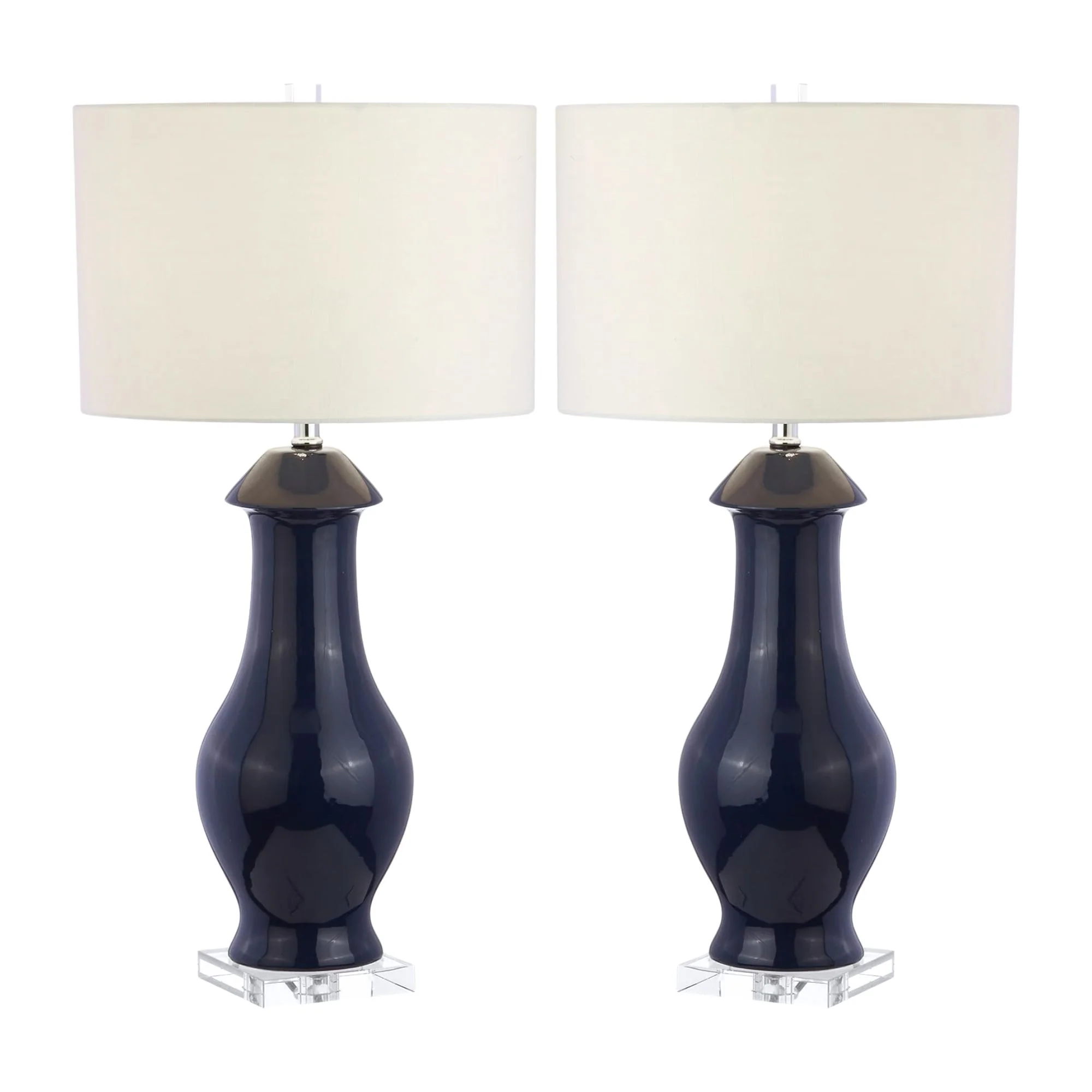 Pair of Navy Blue Ceramic and Crystal Lamps with Linen Drum Shades