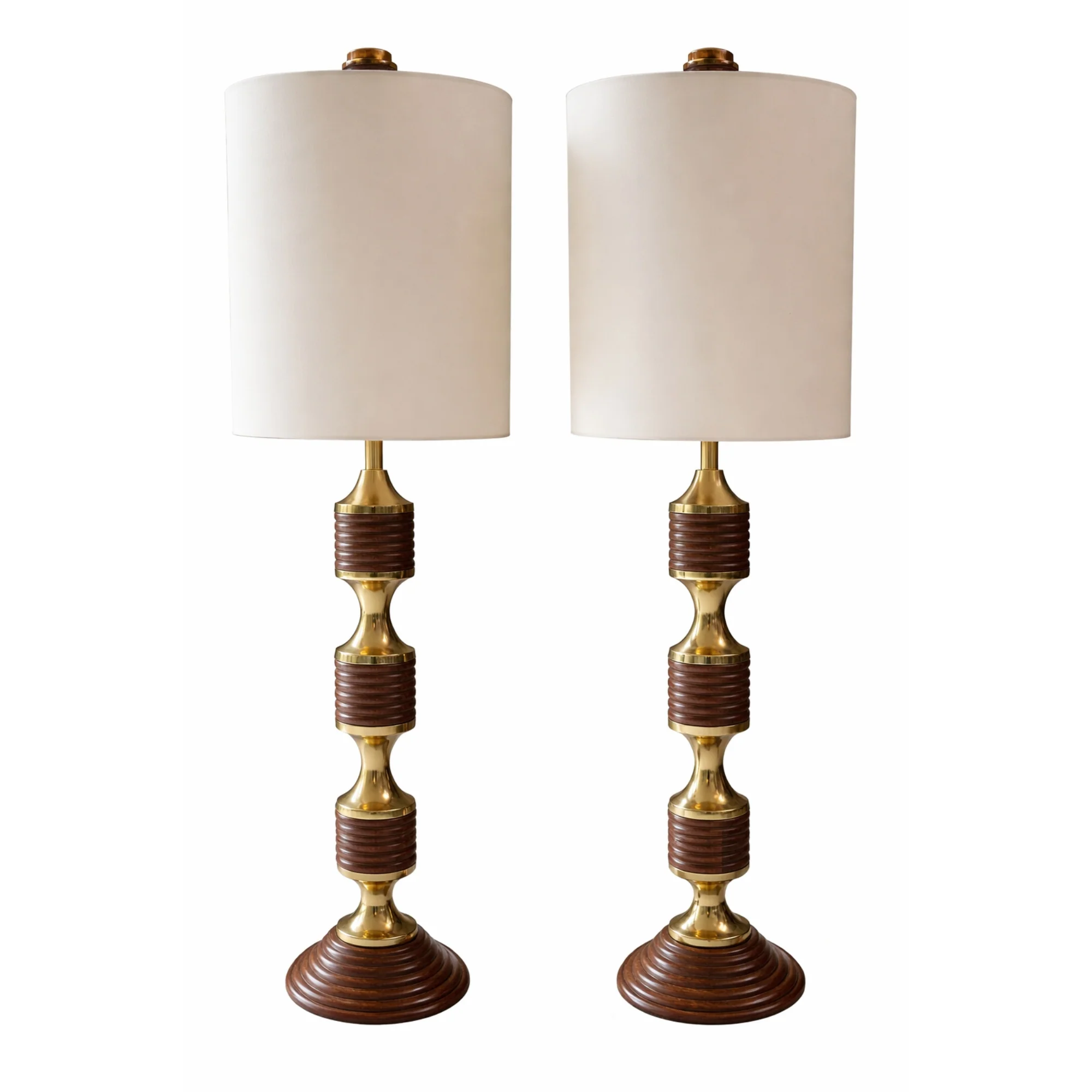 Pair of Tall Sculptural Ribbed Wood Column Lamps with Brass Accents