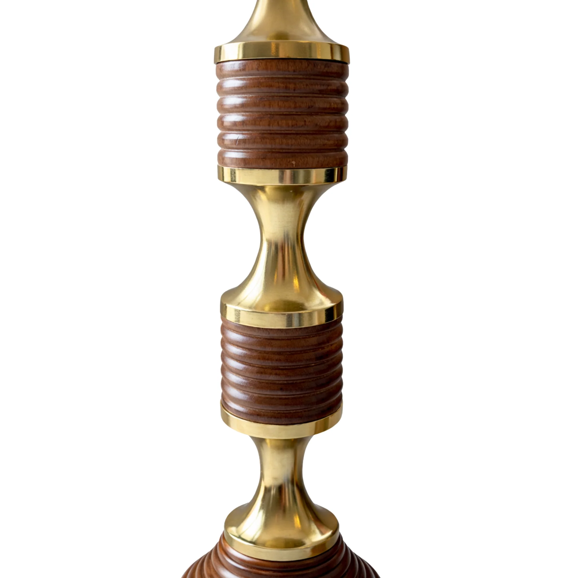 Pair of Tall Sculptural Ribbed Wood Column Lamps with Brass Accents - Image 2