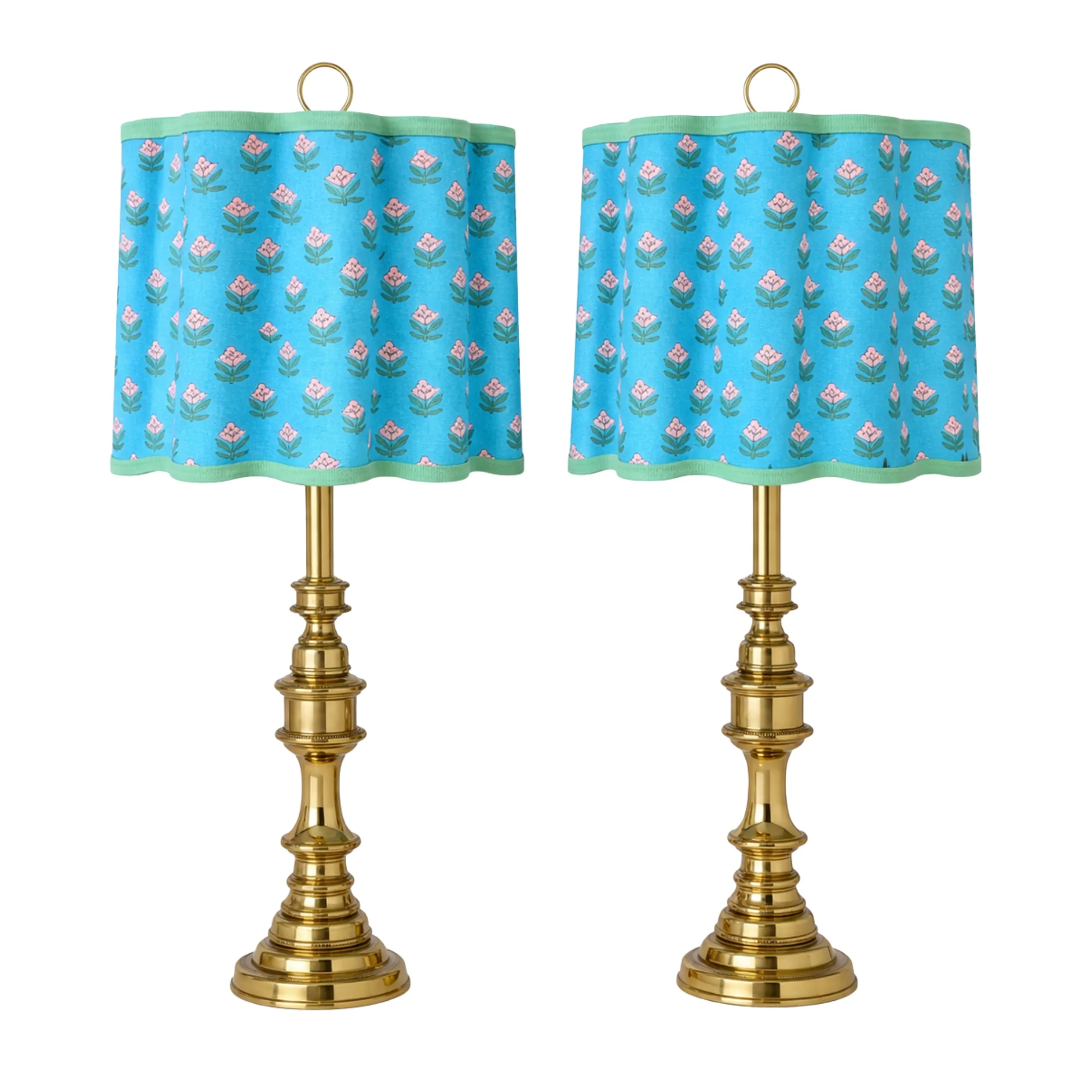 Pair of Vintage Brass Lamps by Stiffel with Rhode Botanical Scalloped Shades