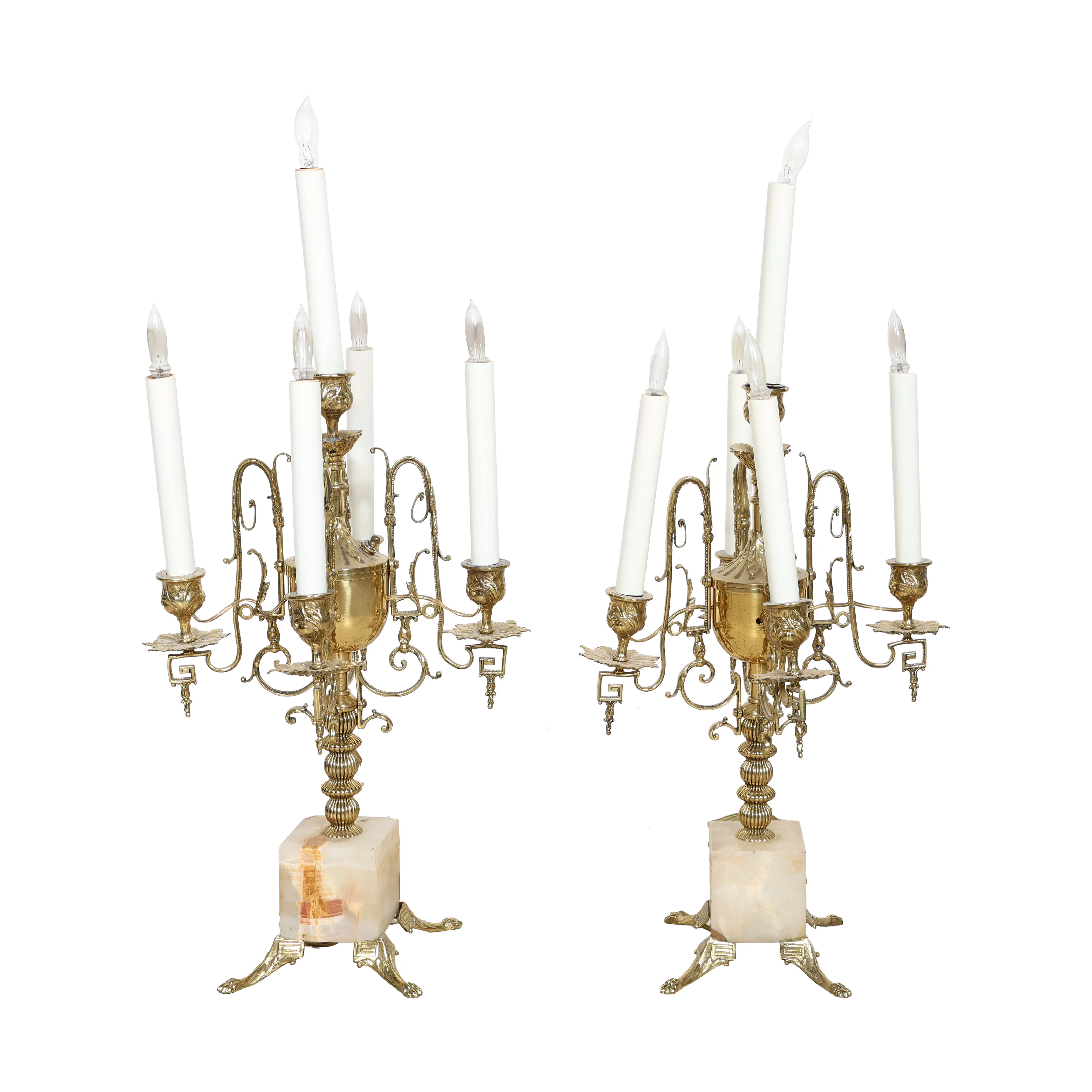 Pair of Vintage Brass & Marble Candelabra Lamps