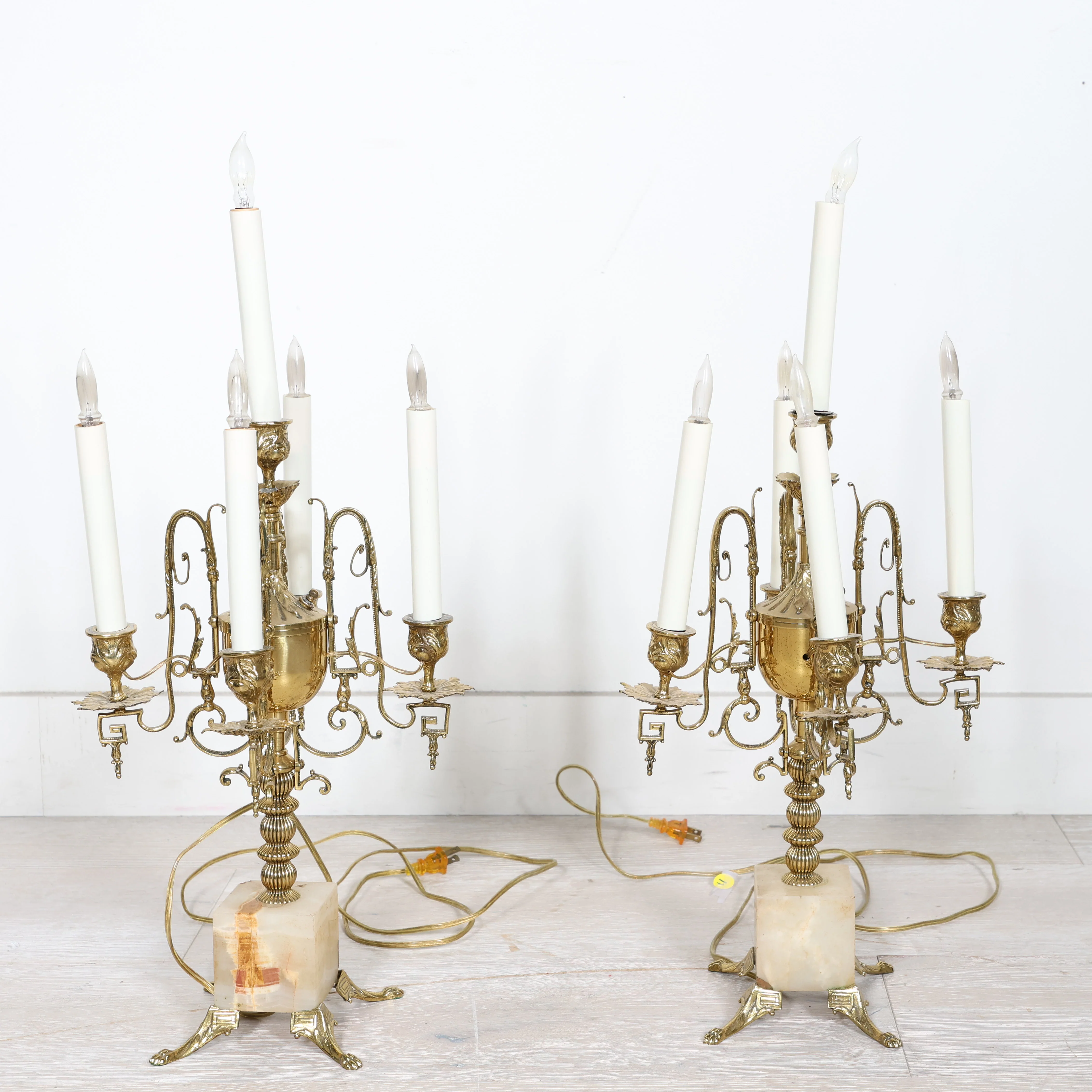 Pair of Vintage Brass & Marble Candelabra Lamps - Image 2